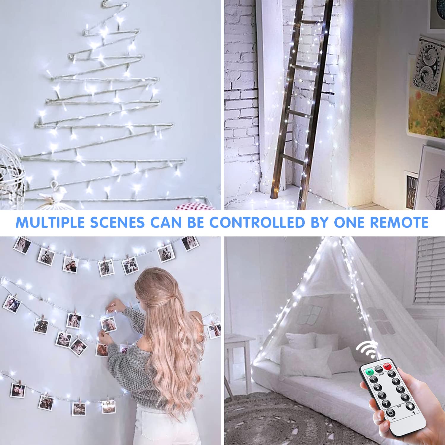 JMEXSUSS Battery Operated String Lights, 33ft, 100 LED, Waterproof, 8 Modes, Remote, Cool White, Indoor/Outdoor, Christmas, Wedding Decor