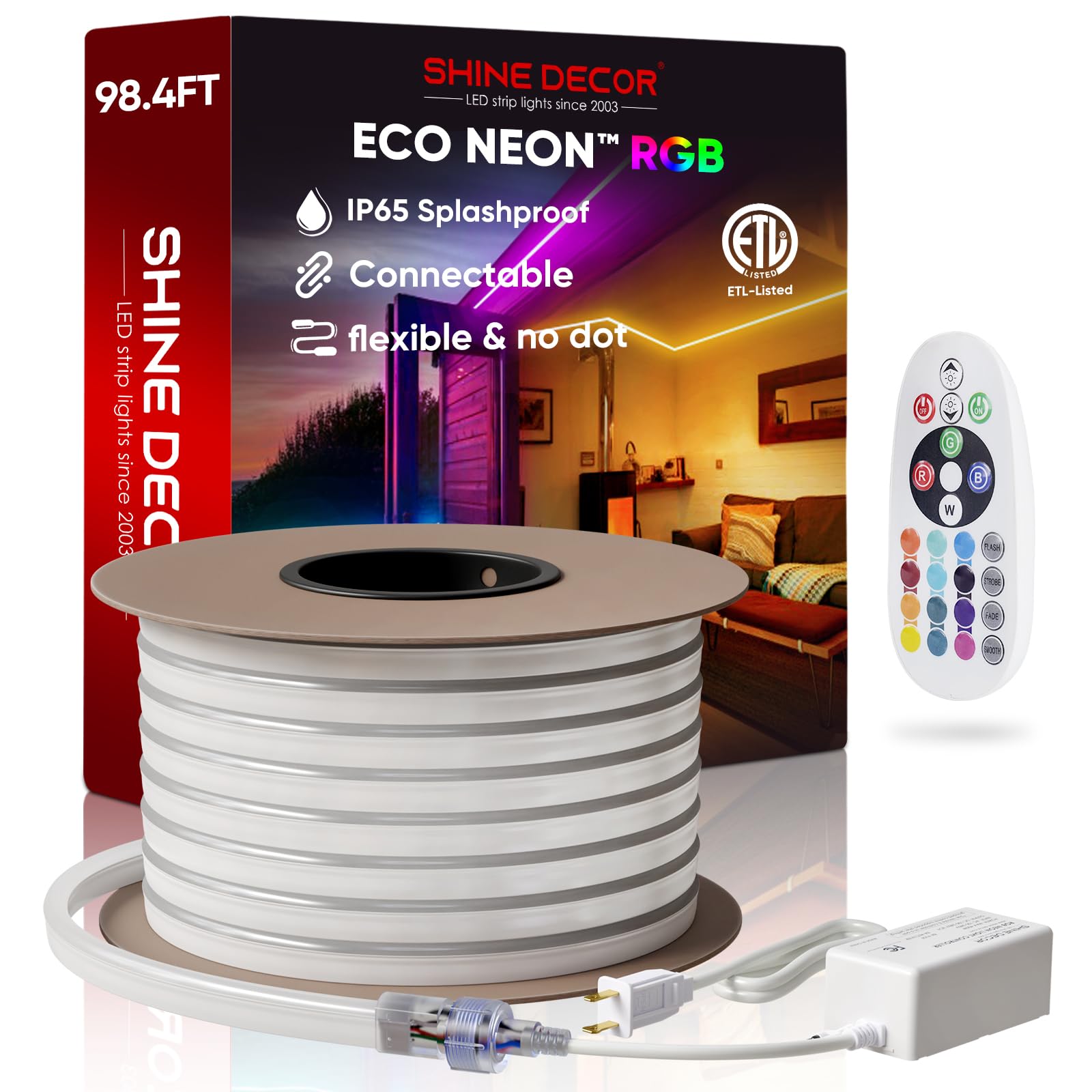 Shine Decor LED RGB Neon Rope Lights AC 120V, Expandable & Cuttable Bright Strip Lighting with Remote, Dimmable Color Changing, ETL Cold-Resistant & IP65 Waterproof for in&Outdoor, 10x20mm, 98.4FT