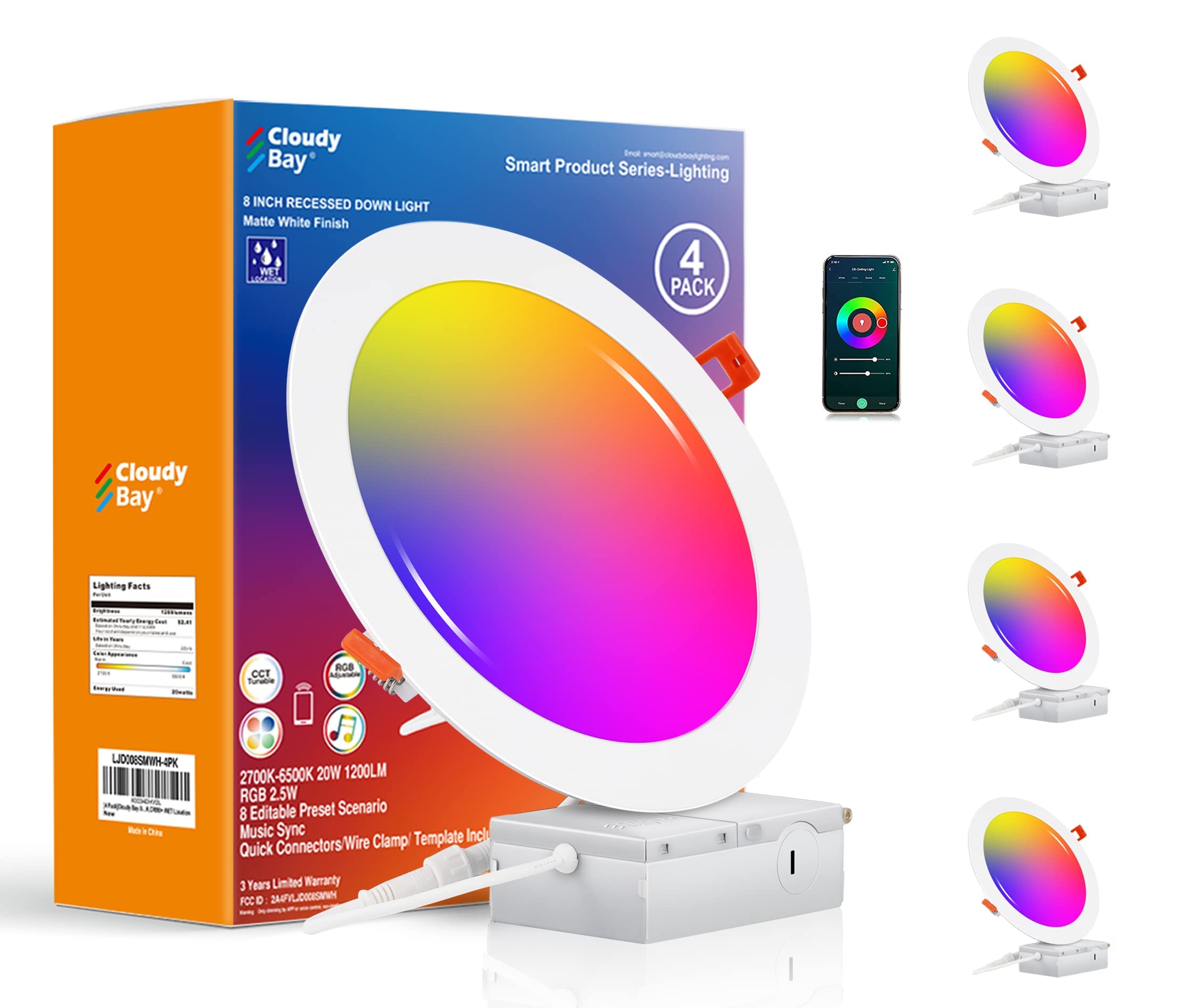 Cloudy Bay [4 Pack] 8 Inch Smart Wifi Led Recessed Lights,20W Rgbcw Color Changing Recessed Lighting,Compatible With Alexa And G