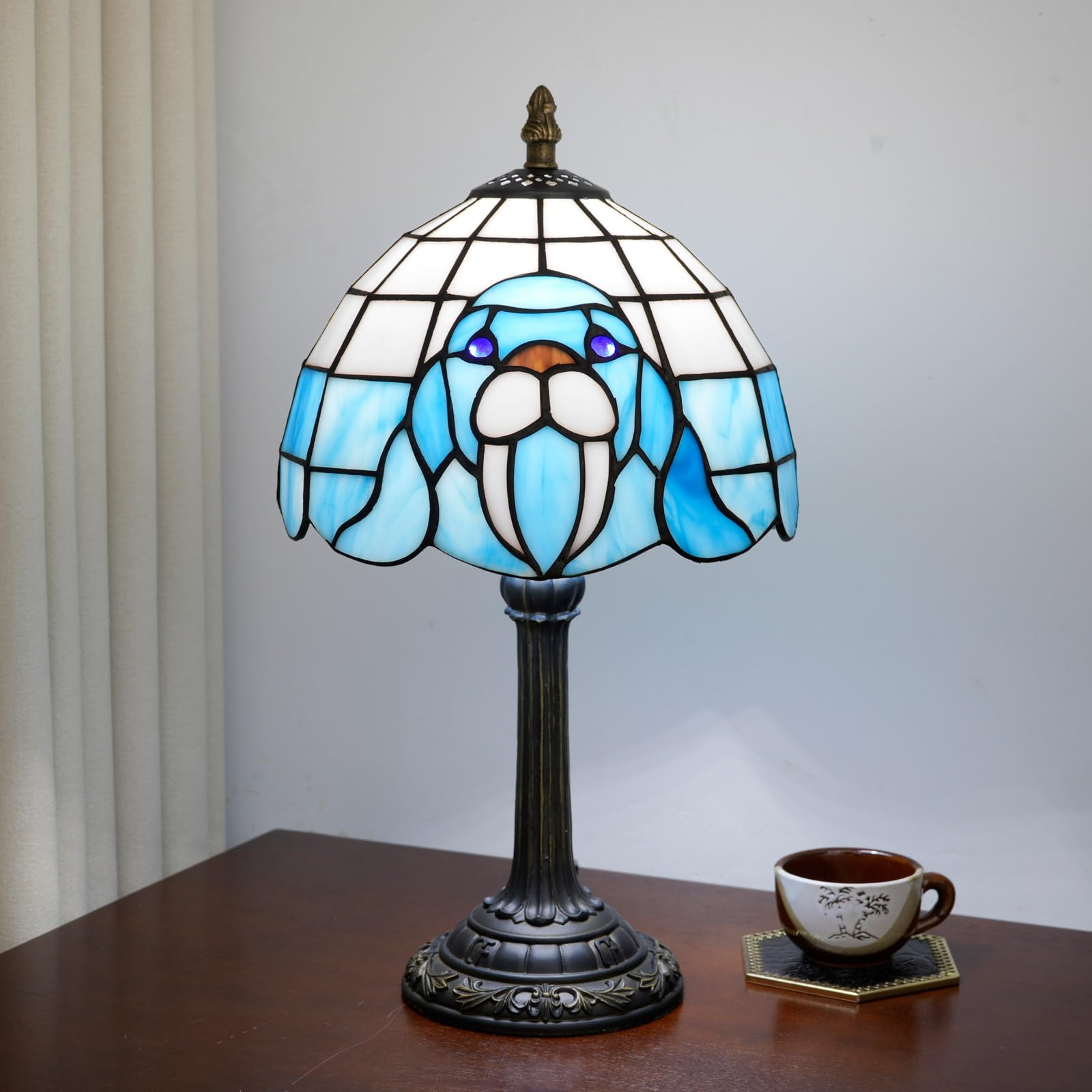 TIFLRIS Small Tiffany Lamp Stained Glass Table Lamp, 8 Inch Vintage Blue Walrus Pattern, Cute Unique Bedside Nightstand Light fo