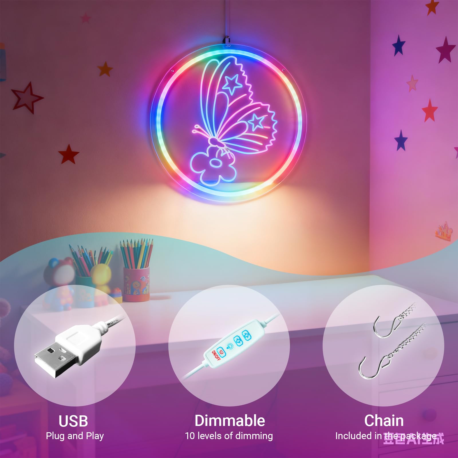 Butterfly Decorations Led Light - Single Color/Multi-Color Adjustable Neon Sign For Room Decor  13 X 13  Usb Powered Kids Bedroom Art  Unique Birthday Gifts For Girls Boys