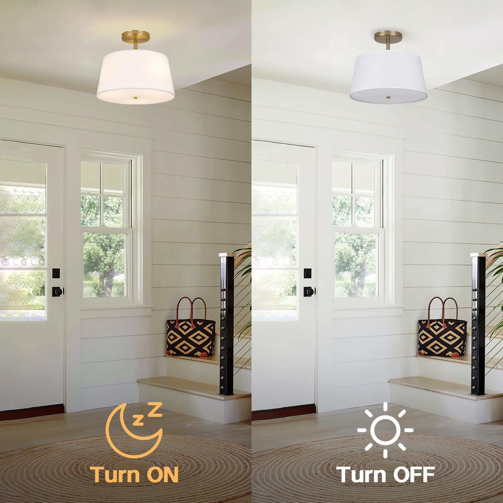 Calokes Modern Cone-Shaped Semi Flush Mount Ceiling Light Fixture, 3-Light Drum Lamp With Gold Brass Finish And White Fabric Sha