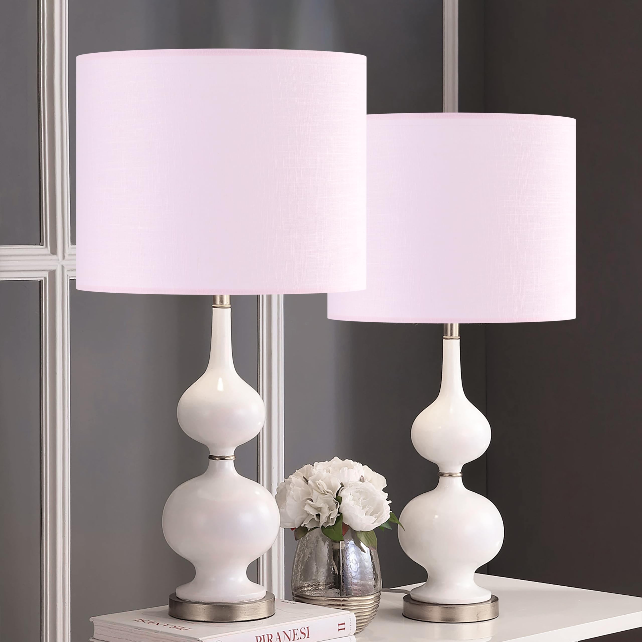 Pikopiko Pink Linen Set Of 2 Medium Drum Lamp Shade, Easy Assembly Required 13'' Top X 13'' Bottom X 10'' High Replacement Lamp