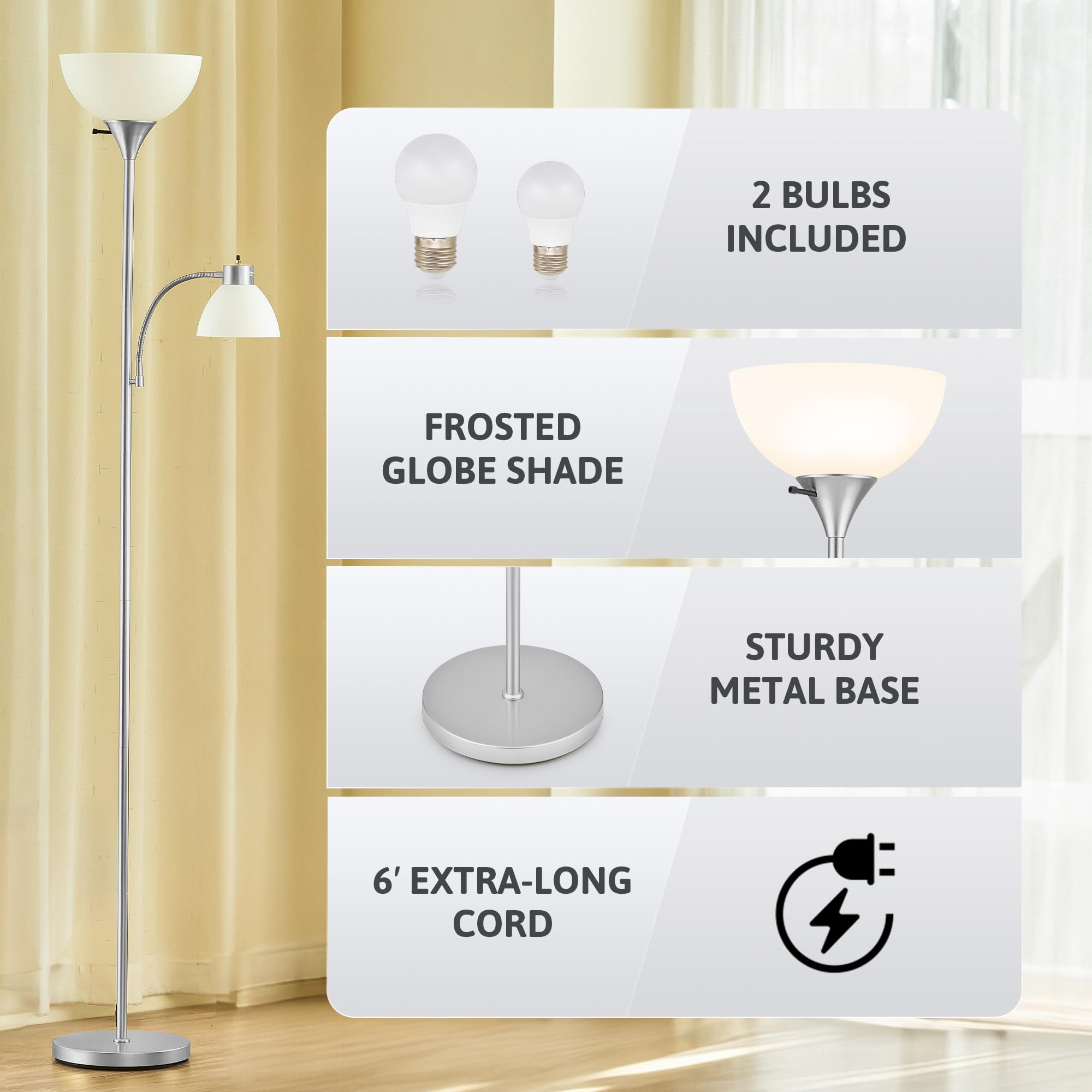 Vonluce Torchiere Floor Lamp, 71'' Standing Lamp With Adjustable Reading Lights & 2 Bulbs, 3 Color Temperatures Modern Tall Pole