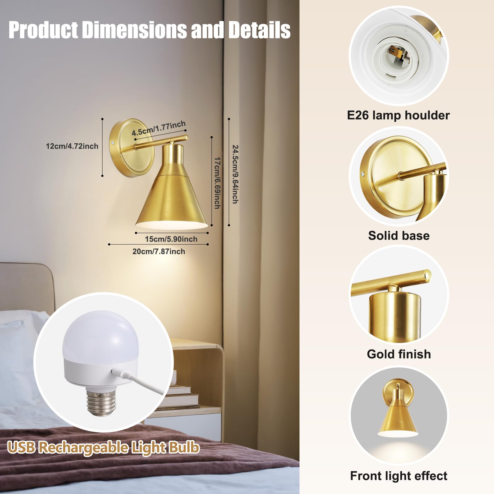 Bailoch Rechargeable Wall Sconce Set of 2, Wireless Dimmable, Gold, Model BLWS004B2, Battery Operated, LED Bulb Included