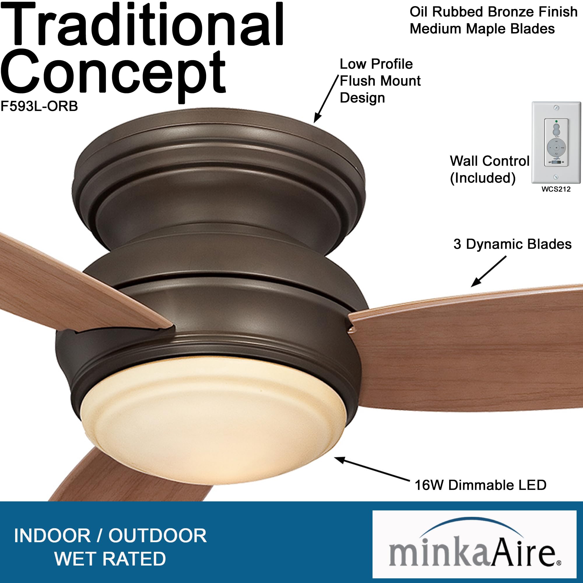 Minka-Aire F593L-ORB Tradtional Concept 44 Inch Flush Mount Ceiling Fan with Integrated 14W LED Light in Oil Rubbed Bronze Finis