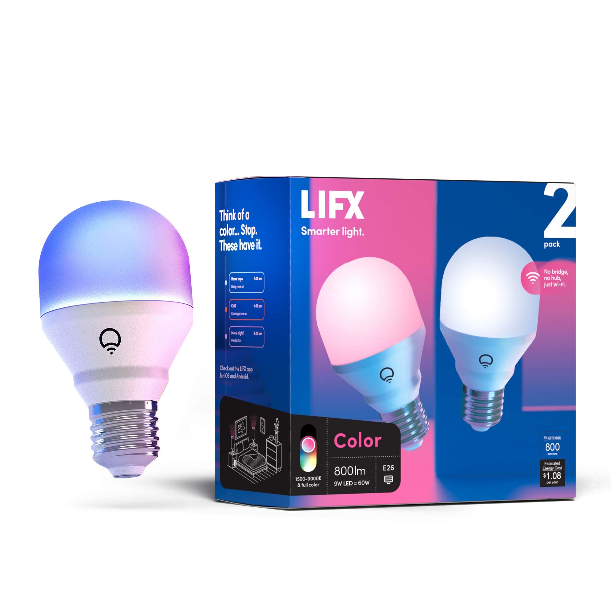 LIFX Color A19 Wi-Fi Smart LED Light Bulb, 800 Lumens, 2 Bulb Pack, Compatible with Alexa, Google Home, HomeKit, Model HB2L3A