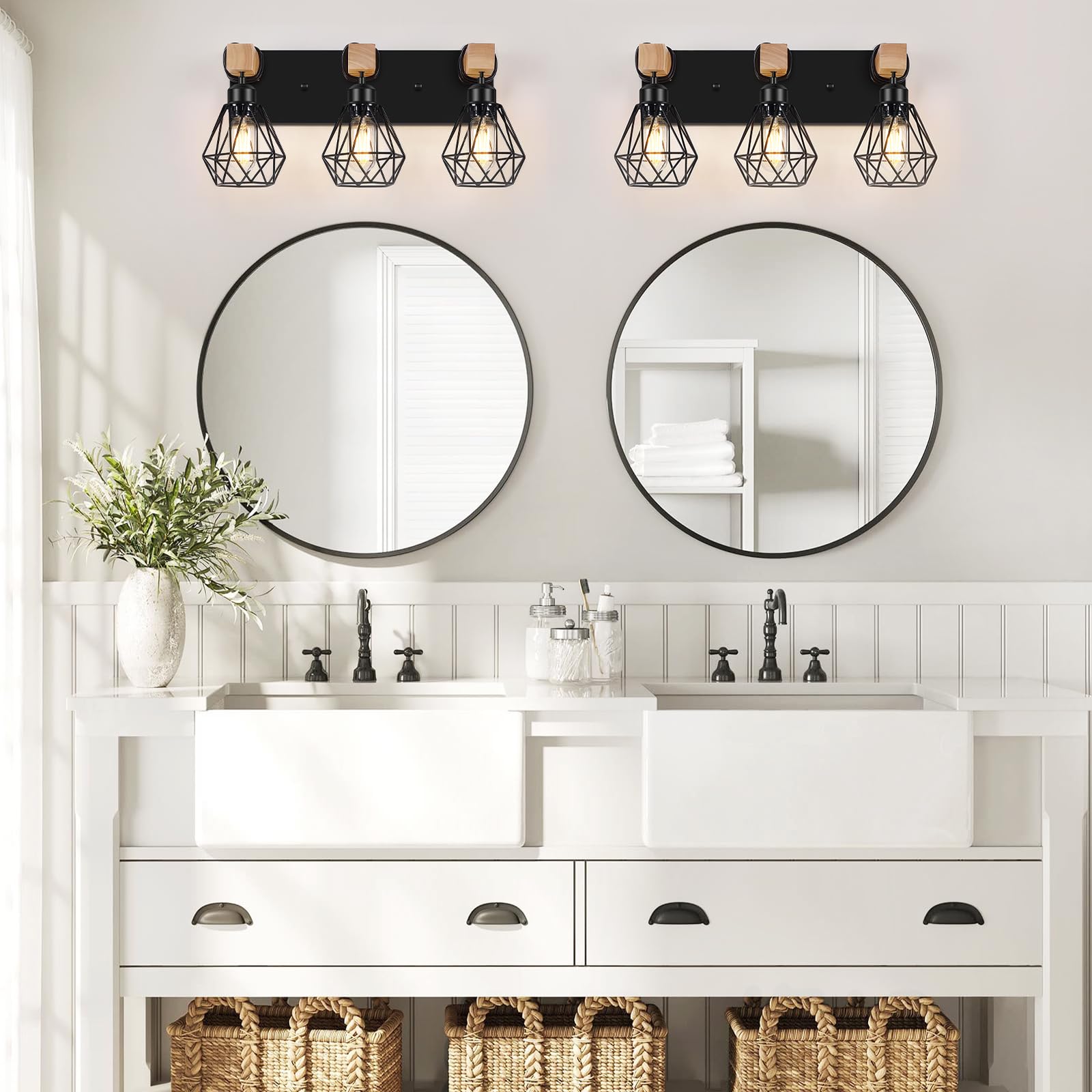 FadimiKoo 3-Light Farmhouse Bathroom Vanity Light, Black Metal & Wood, Vintage Style for Mirror, Bedroom, Living Room, Hallway