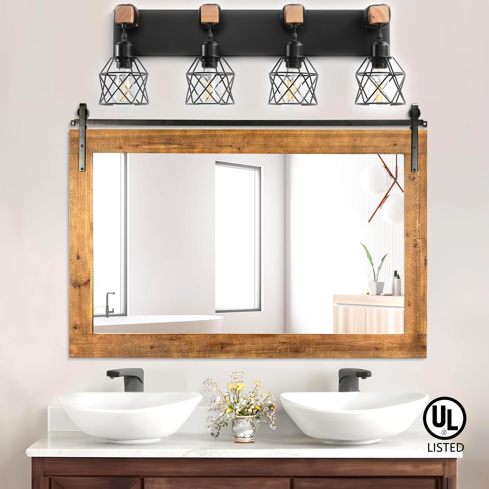 Farmhouse Vanity Light Fixture 4-Light Bathroom Lighting Black Industrial Wood Wall Light Over Mirror With Metal Shade Led Bulbs Not Included