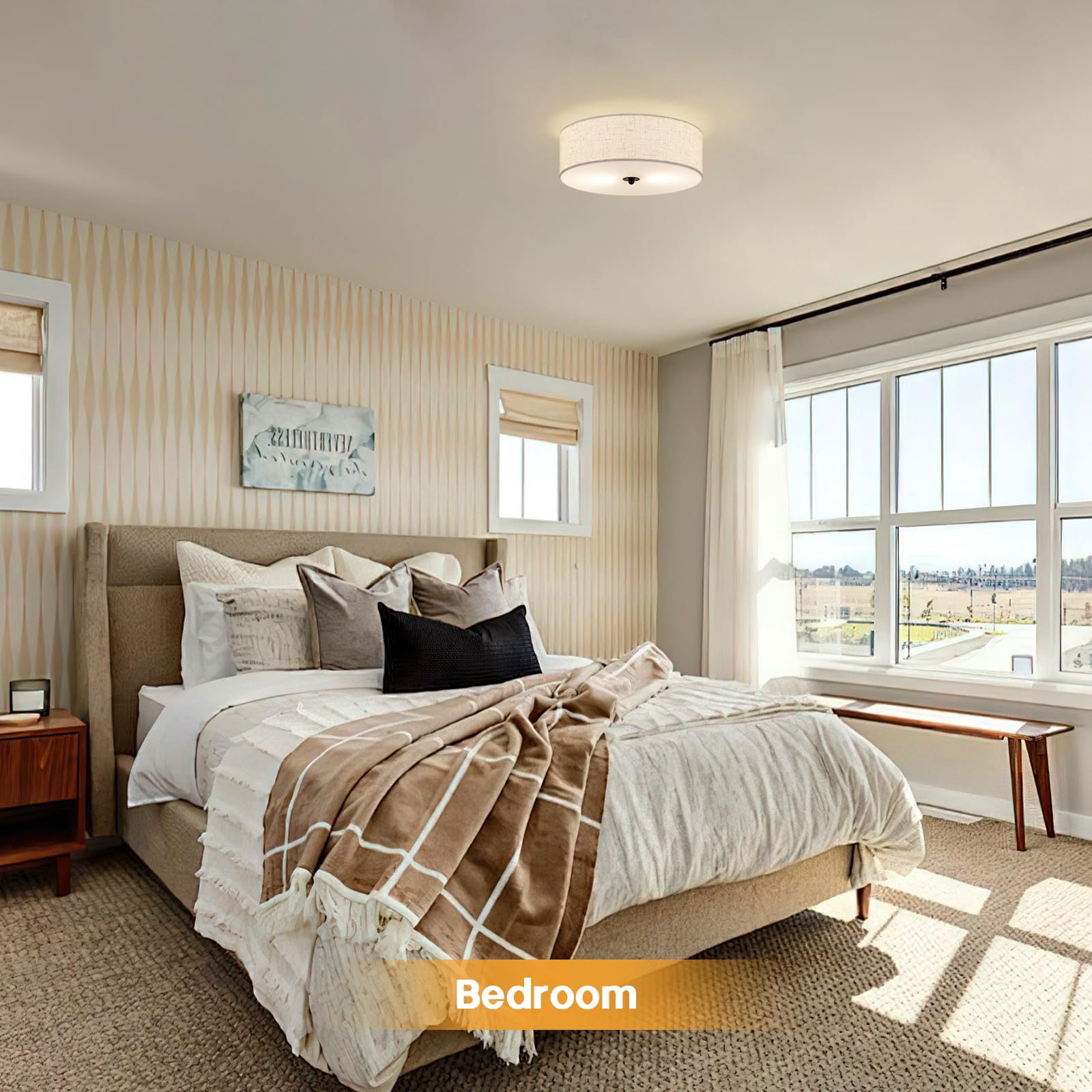 Calokes Flush Mount Ceiling Light Fixture, 13'' Close To Ceiling Light With Beige Fabric Linen Drum Shade, 2-Light Modern Round