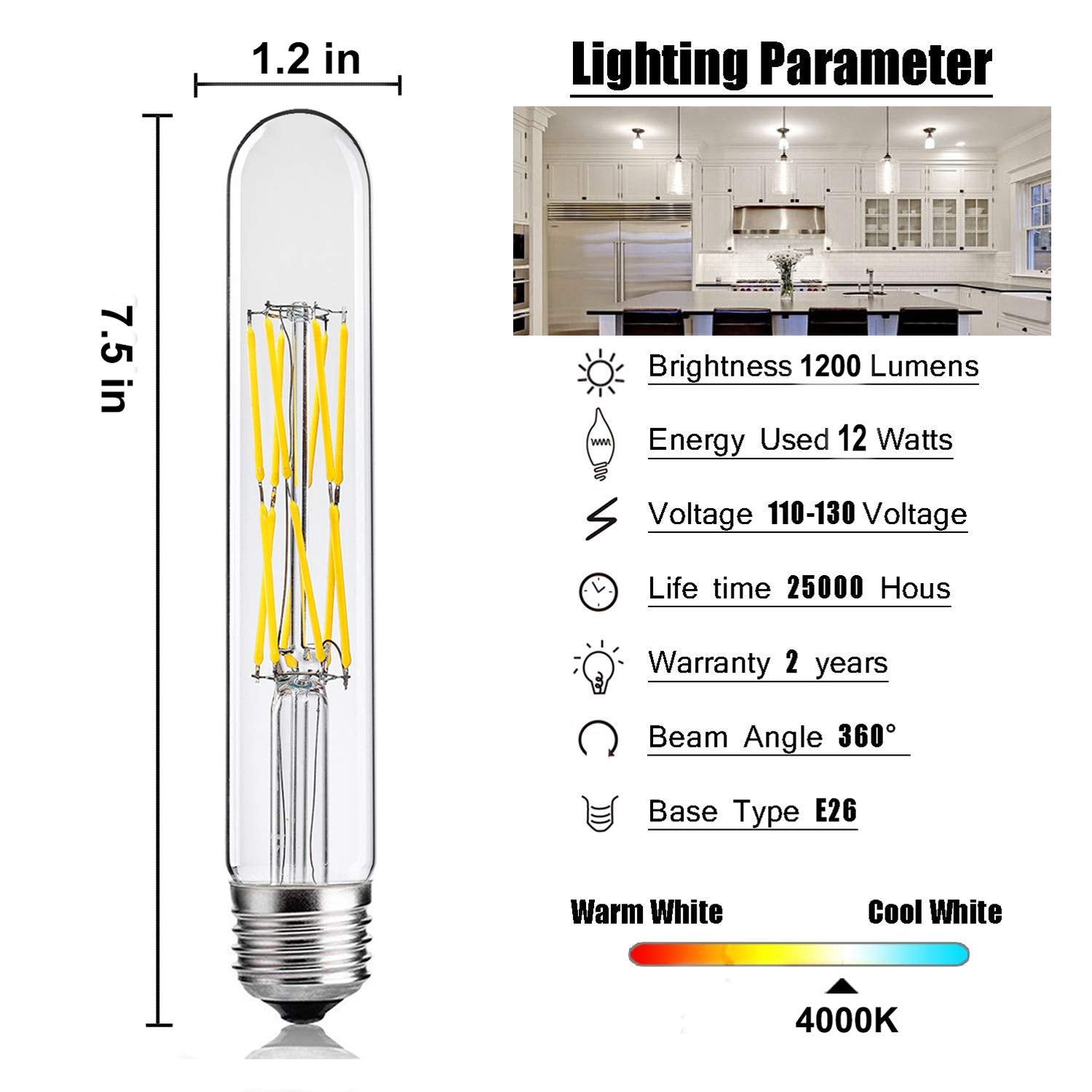 Leools 12W Dimmable Edison T10/T30 LED Bulb, 3-Pack, Daylight Glow, Glass, 100W Equivalent, 7.3in, Vintage Antique Style