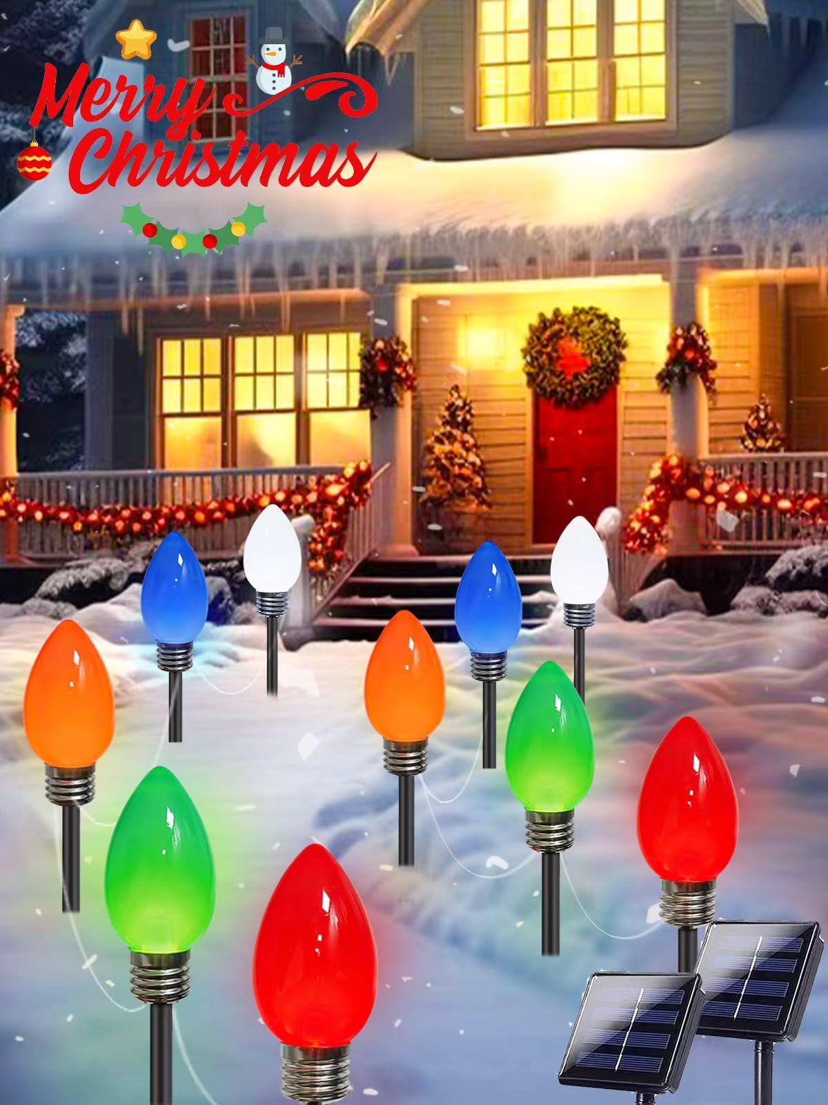 10 Pack Large C9 Christmas Decorations Outdoor Waterproof  Solar C9 Christmas Lights Outdoor with 2 Modes  Solar Pathway Lights for Outside Party Yard Lawn Patio Walkway Xmas Decoration (Multicolor)