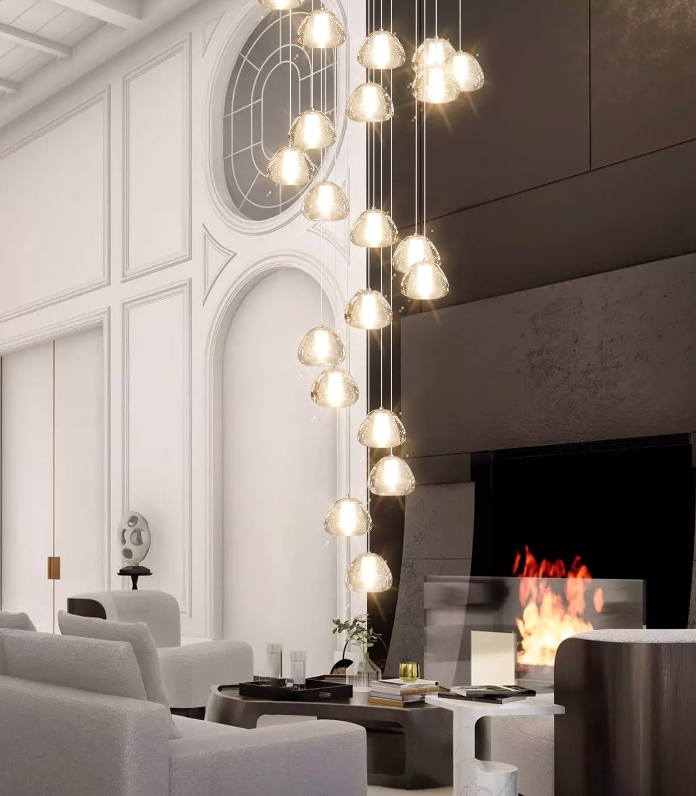 dolria 20-Light Modern Chandelier, Crystal Pendant Light Fixture, Silver, Model PC0010, Ideal for High Ceilings, Stairwell, Living Room