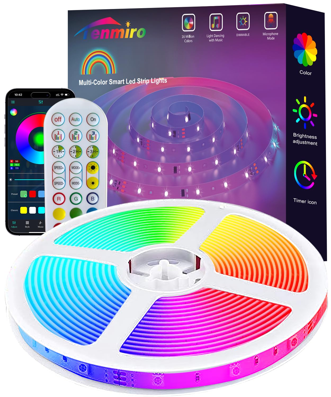 Tenmiro Upgraded Smart IC 32.8ft LED Lights for Bedroom, Multiple Colors on One Line LED Strip Lights, Bluetooth APP Control Mus