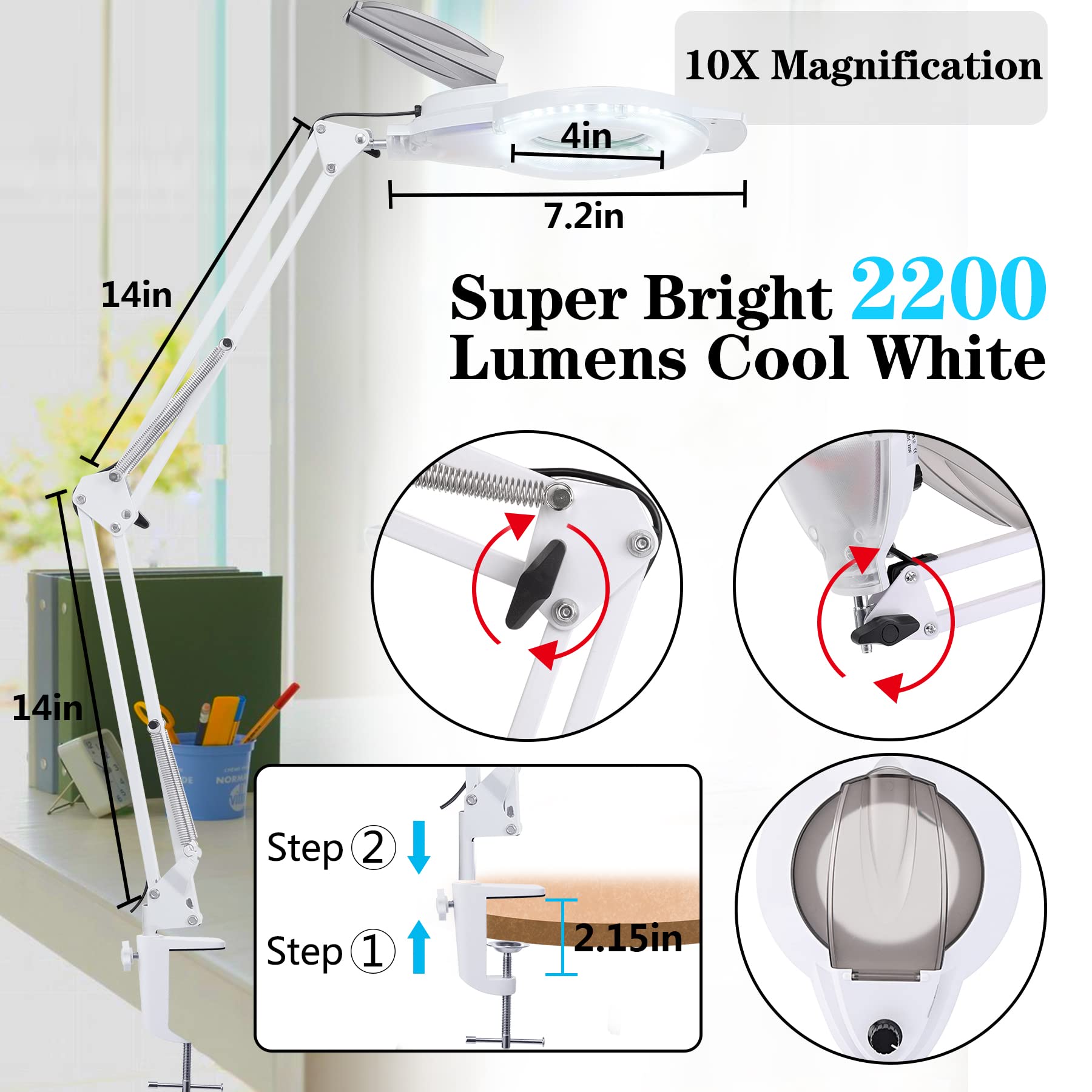 KIRKAS 10X LED Magnifying Lamp, 2200 Lumens Dimmable, Adjustable Arm, White, Model Addie-4, Plastic/Metal/Glass