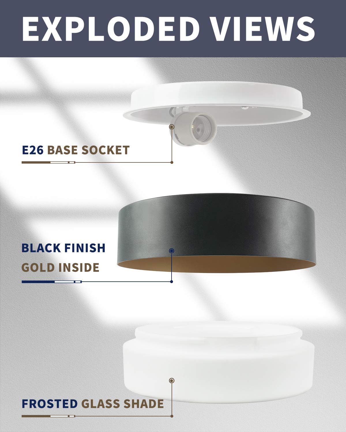 AUTELO Flush Mount Ceiling Light, 14" Black Frosted Glass Shade, E26 Socket, Model C3336XS BK for Living Room, Hallway, Bedroom
