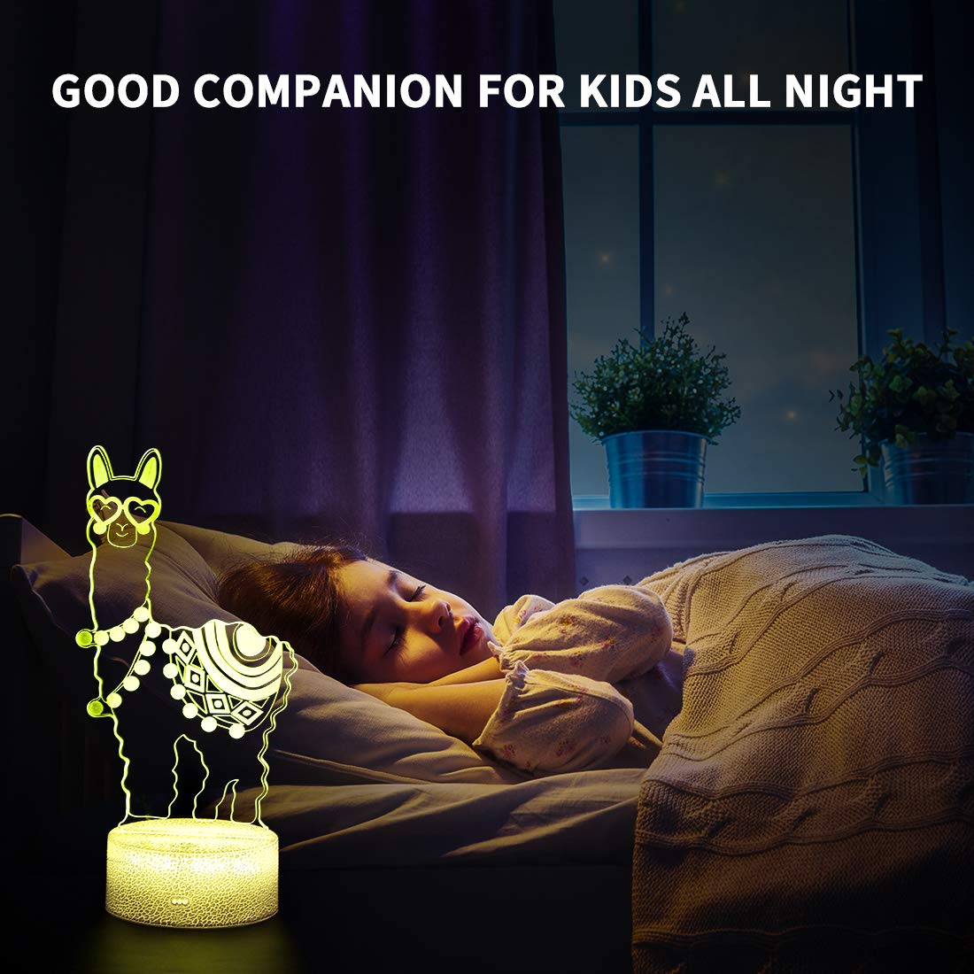 Hoofun 3D Llama Night Light, Acrylic, Remote Control, 16 Colors, Model AZ-PWM0-YANGTUO, Love Heart Design