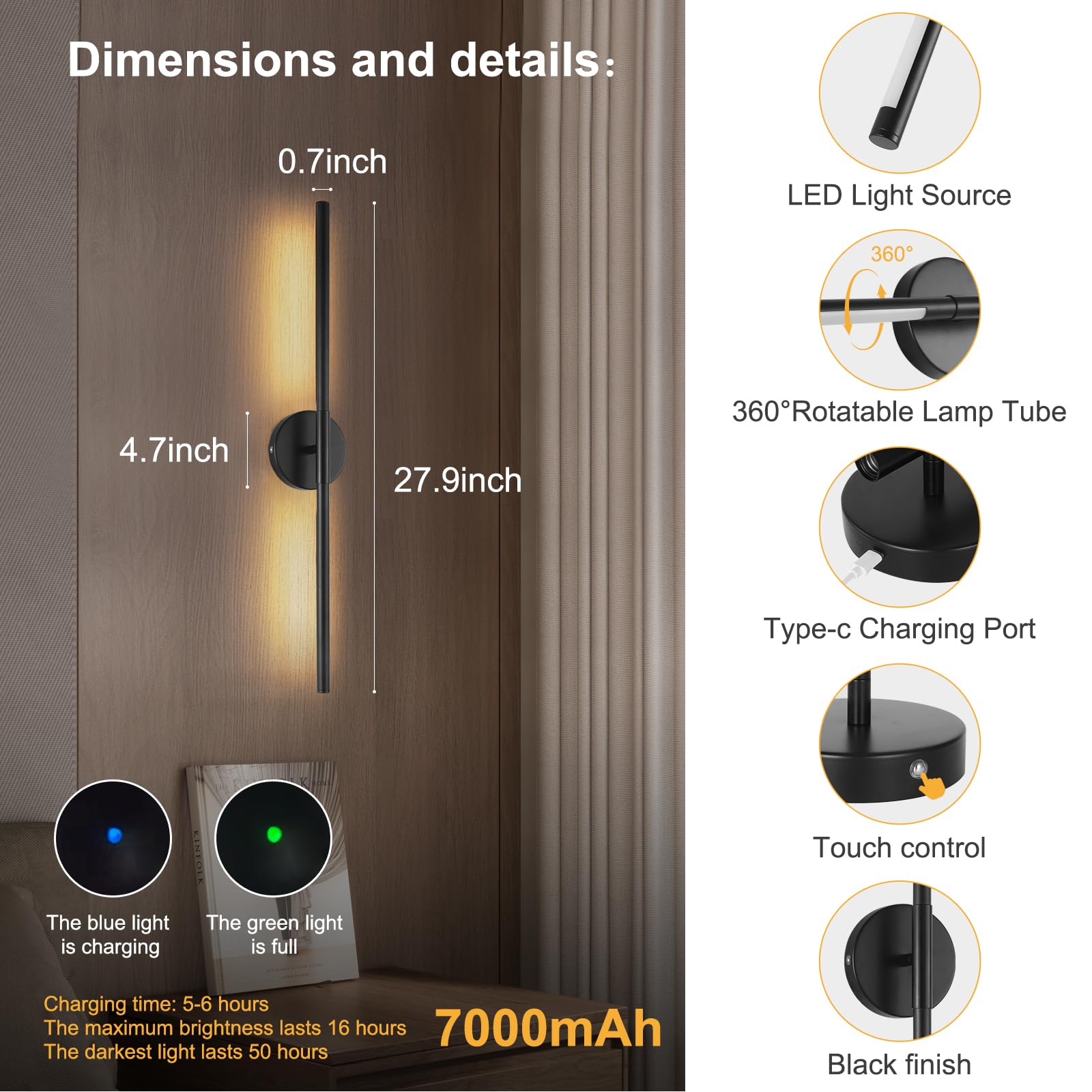 Hojoyri Wireless Battery Operated Wall Sconces With Remote, Black Rechargeable Led Wall Lights Set Of Two, Cordless Dimmable Bat