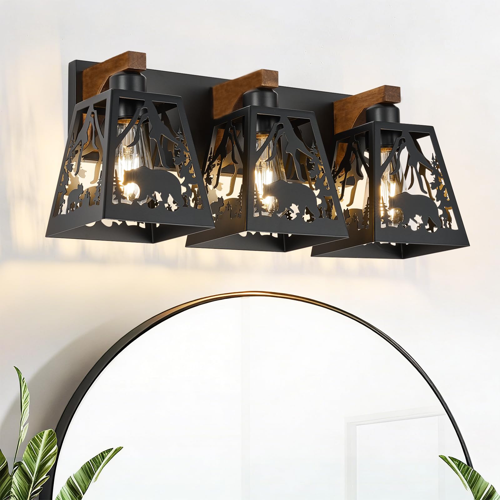 Criticn Farmhouse Rustic Bear Bathroom Light Fixtures, 3 Light Wooden Vanity Lights for Bathroom, Living Room, Bedroom, Hallway,