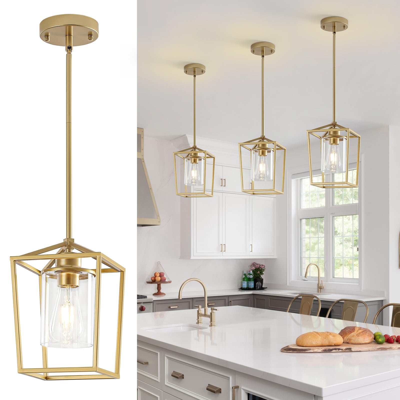 GZJunYo 3 Pack Gold Pendant Lights, Modern Farmhouse Kitchen Pendant Lighting Over Island, Metal Cage Hanging Lights with Clear 