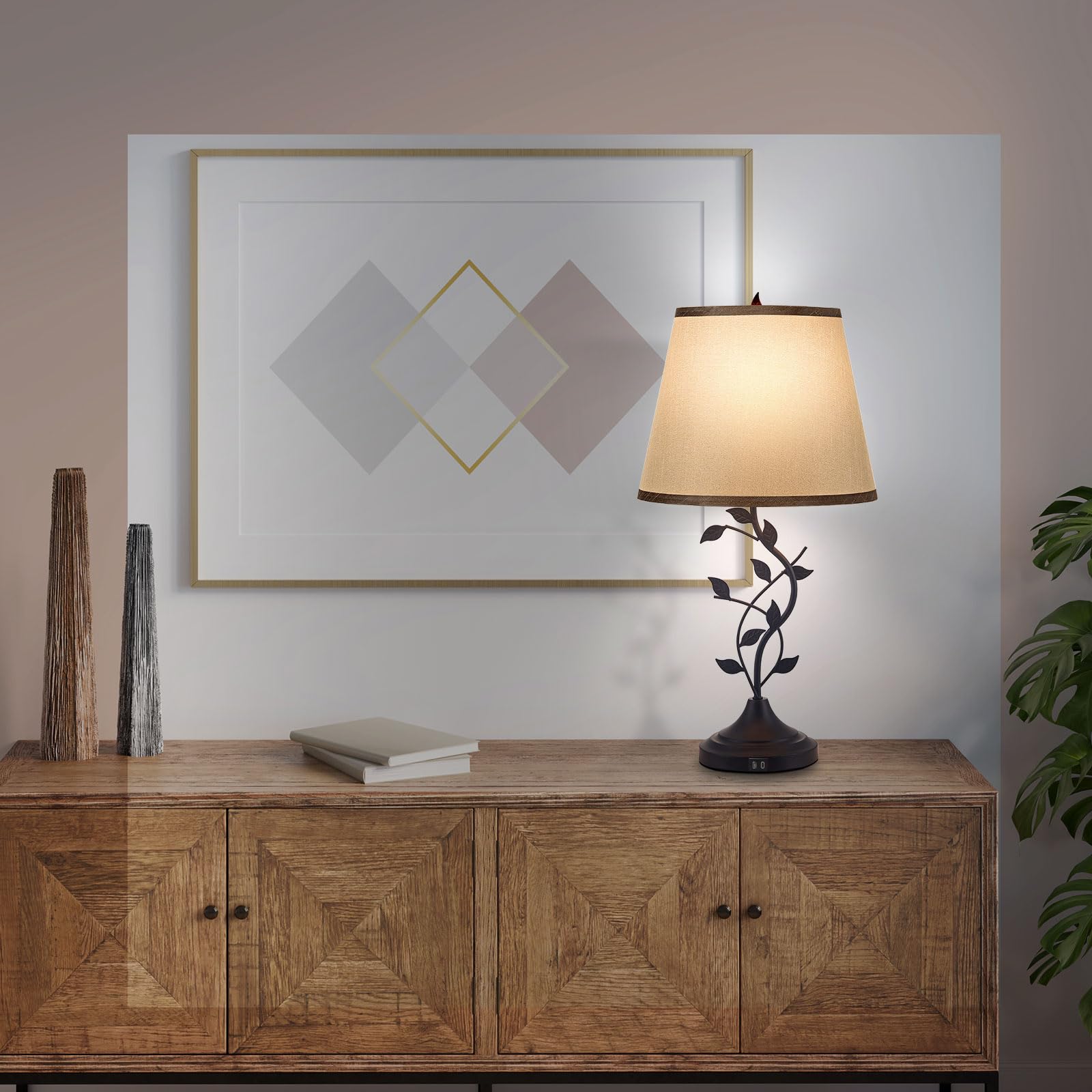 Kakanuo Table Lamp - Grey Linen Bedside Lamp with USB C Ports, Retro Design for Bedroom and Living Room