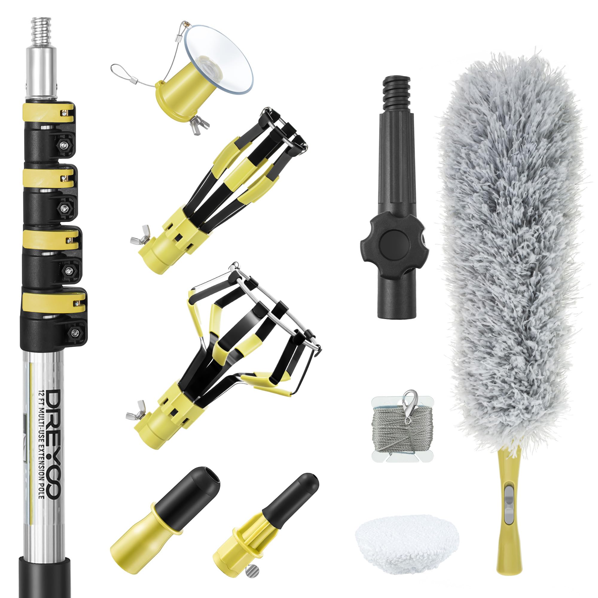Dreyoo Light Bulb Changer Set with 3-12 ft Telescopic Pole, Suction Cup, Broken Bulb Tool, Yellow, Model DR-Dreyoo-1259