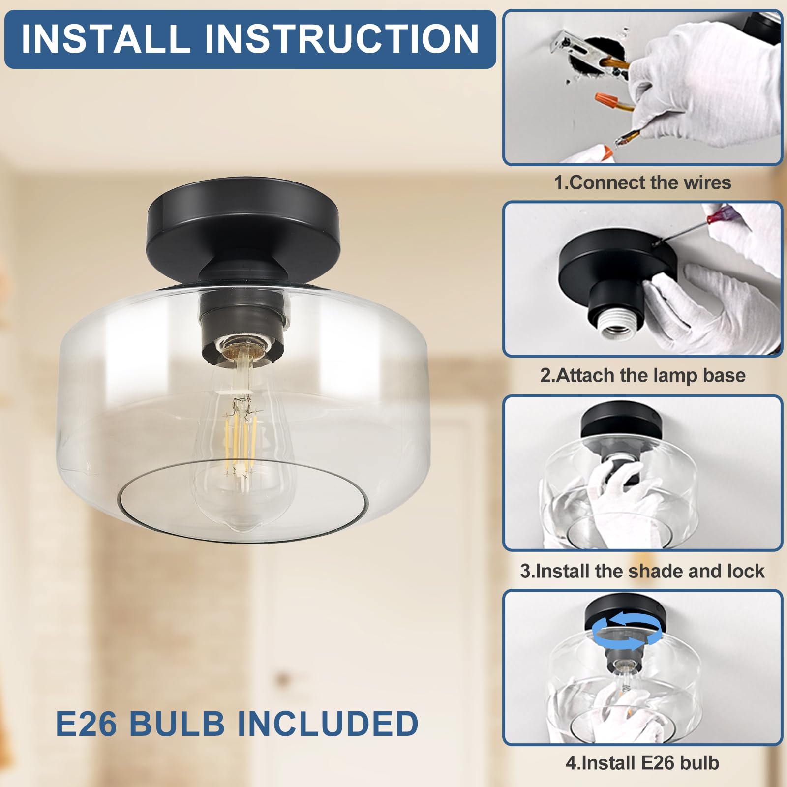 Industrial Semi Flush Mount Ceiling Light: Black Kitchen Lighting Fixtures Ceiling With Clear Glass - Vintage Hallway Light Fixt