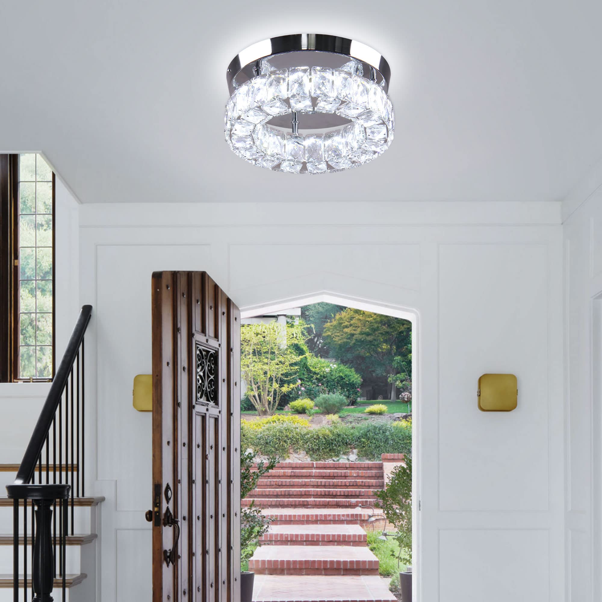 Ypqxyhda Small Crystal Chandeliers Led Crystal Ceiling Light Semi Flush Mount Light Fixture For Foyer Entryway Crystal Hallway Light Bedroom,9.8",3 Colors Adjustable