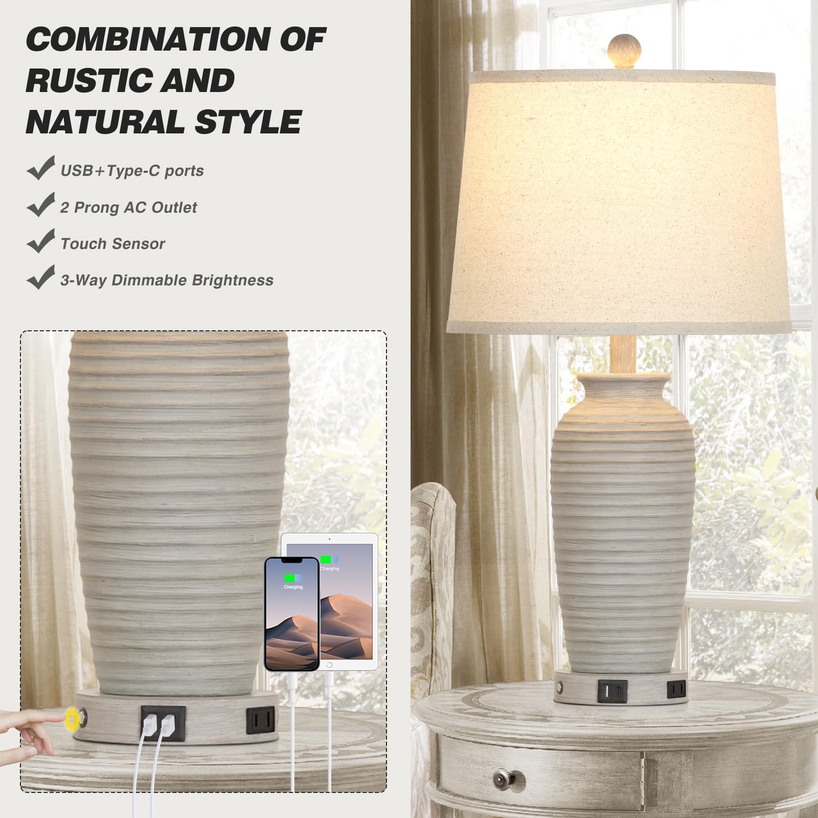 CINSARY 25" Farmhouse Jar Table Lamps Set of 2, Light Gray, Touch Control, USB Ports, AC Outlet, LED Bulbs Included