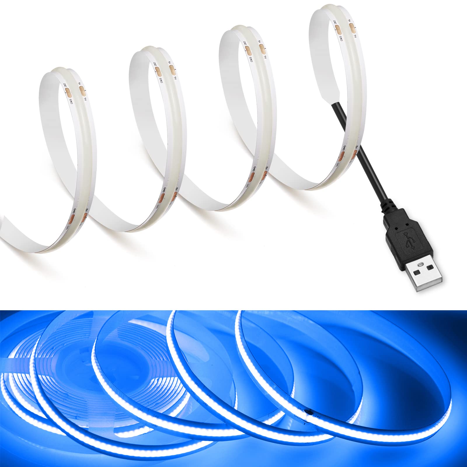 MDee COB LED Strip Lights, 9.84ft/3m, USB Powered, 5V, Blue, 320 LEDs/m, Flexible for Indoor/Outdoor Décor