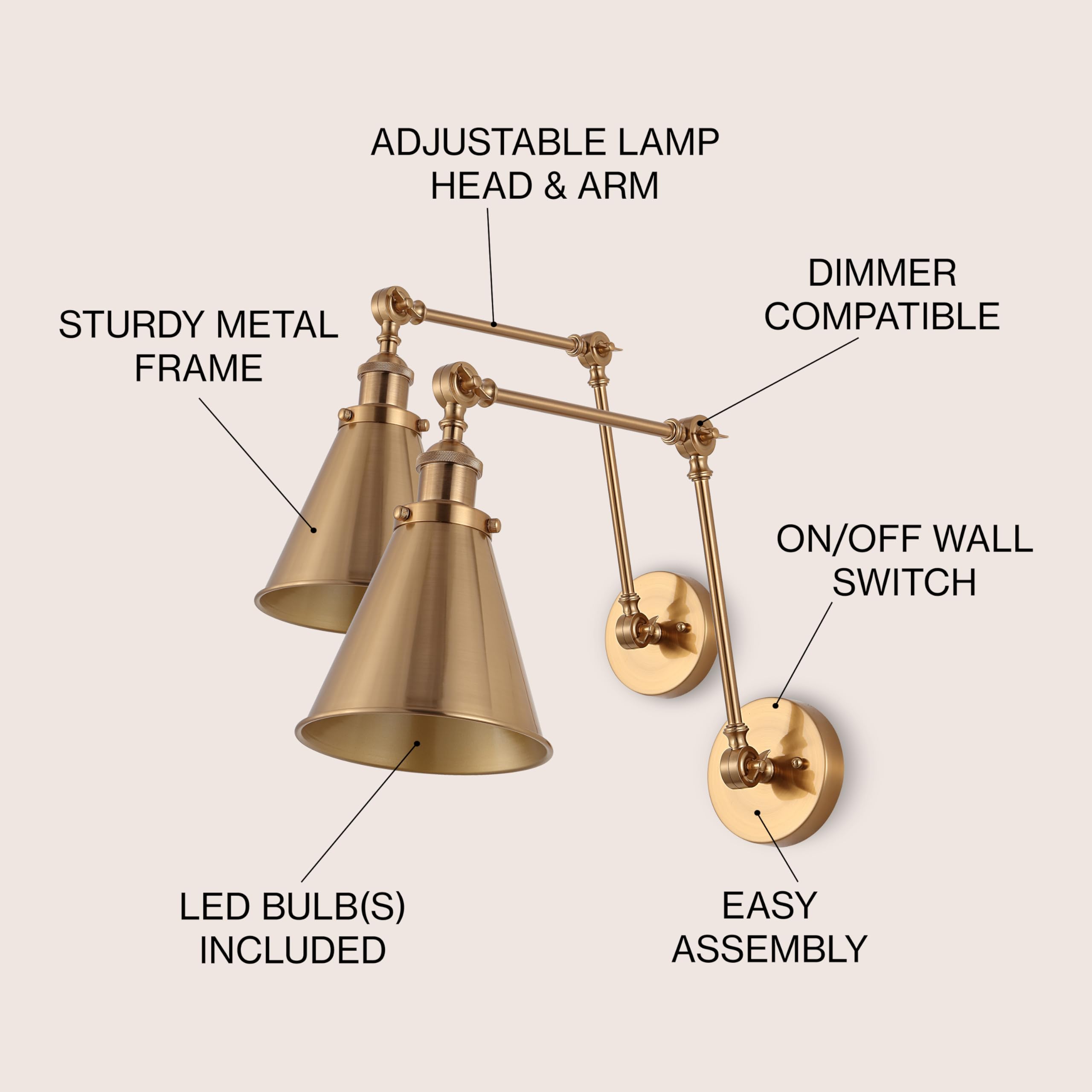 JONATHAN Y Metal Wall Sconce, Adjustable Arm, 2700K LED Bulb, Set of 2, Brass Gold, Model JYL7461A-SET2