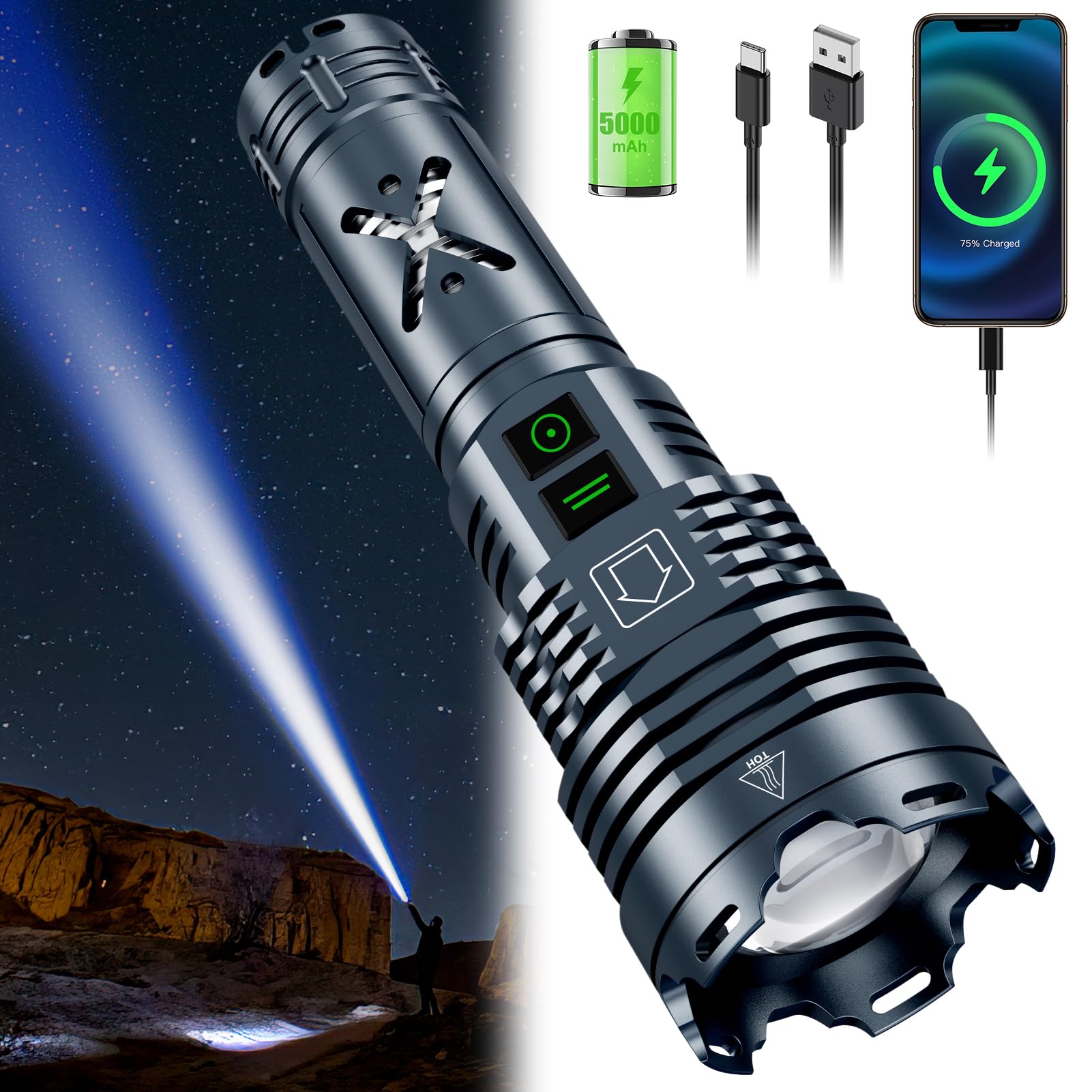 Rechargeable Led Flashlights 2500000 High Lumens,High Powered Flashlight Super Bright,Handheld Tactical Flashlight With Waterpro