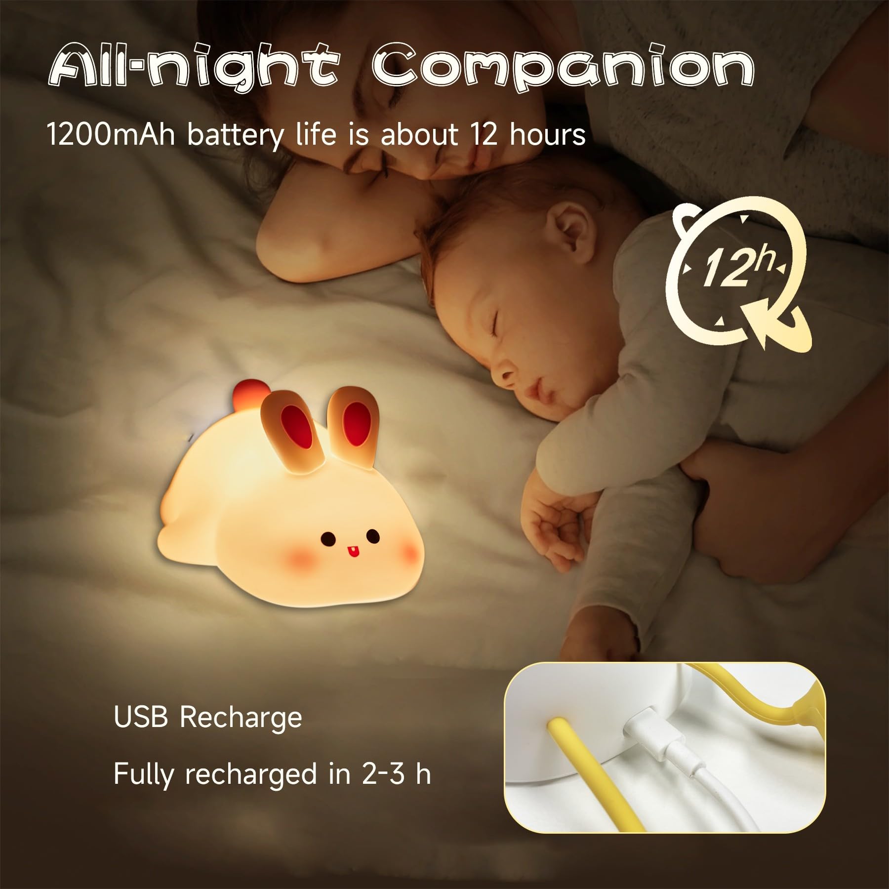 NesveCit LED Night Lamp, Silicone Dimmable Nursery Light, K-1153, Big Face Rabbit