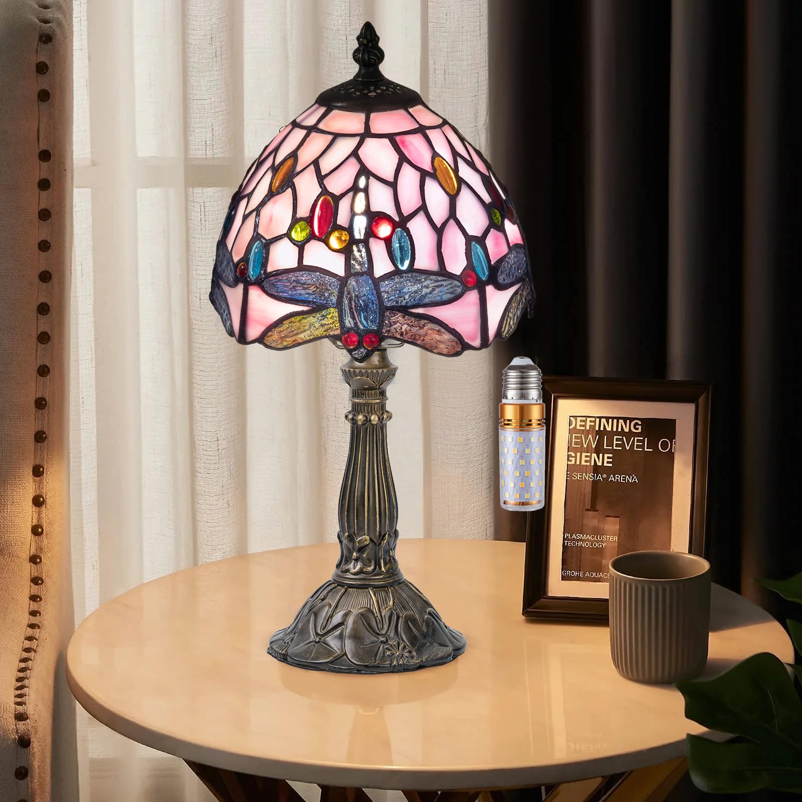 Nizrsky Tiffany Table Lamp,3 Color-Temperature Dragonfly Stained Glass Lamp,8 Inch Tiffany Style Lamp for Bedroom Living Room Ho