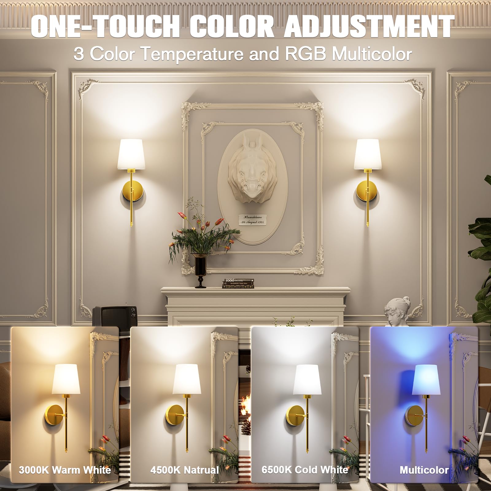 JOFIOS Battery Operated Wall Sconce Set of 2, Gold, 19.9 inch, Dimmable, Wireless with Remote, 5200mAh, Perfect for Bedroom & Living