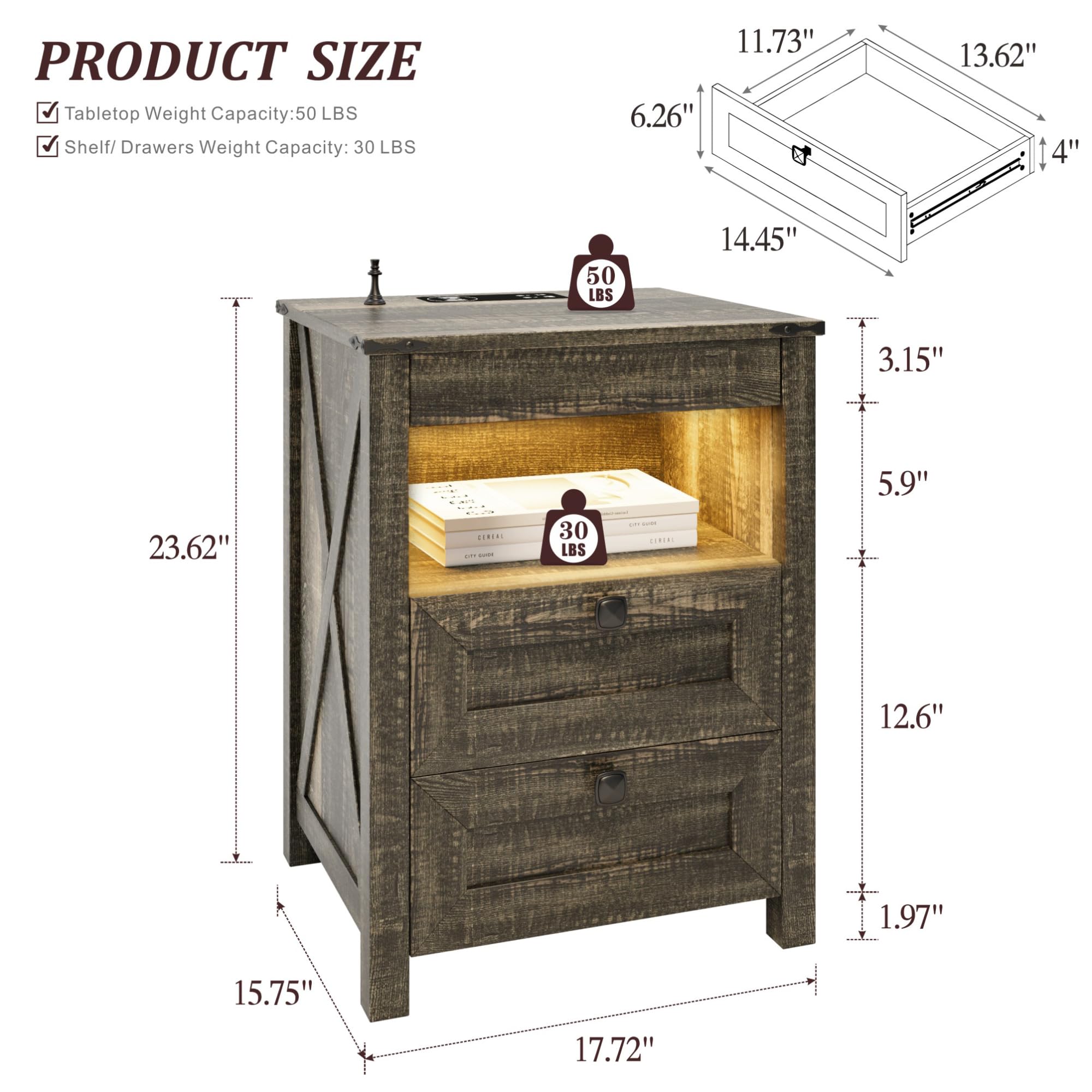 HWB Nightstand Set of 2 with Charging Station, Engineered Wood, 17.72inx15.75inx23.62in, Brown, Model Gun Nightstand 91061