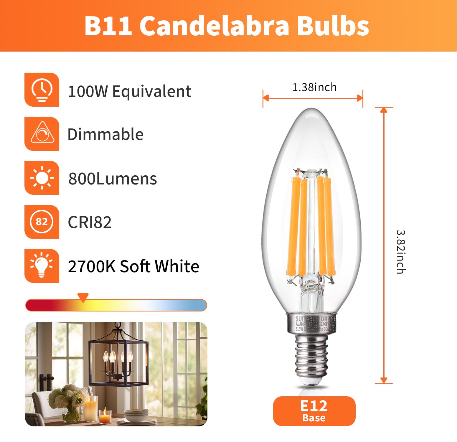 ALAMPEVER E12 LED Bulb, 100W Equivalent, 800LM, Dimmable, B11 2700K Soft White, 5.5W, 12 Pack