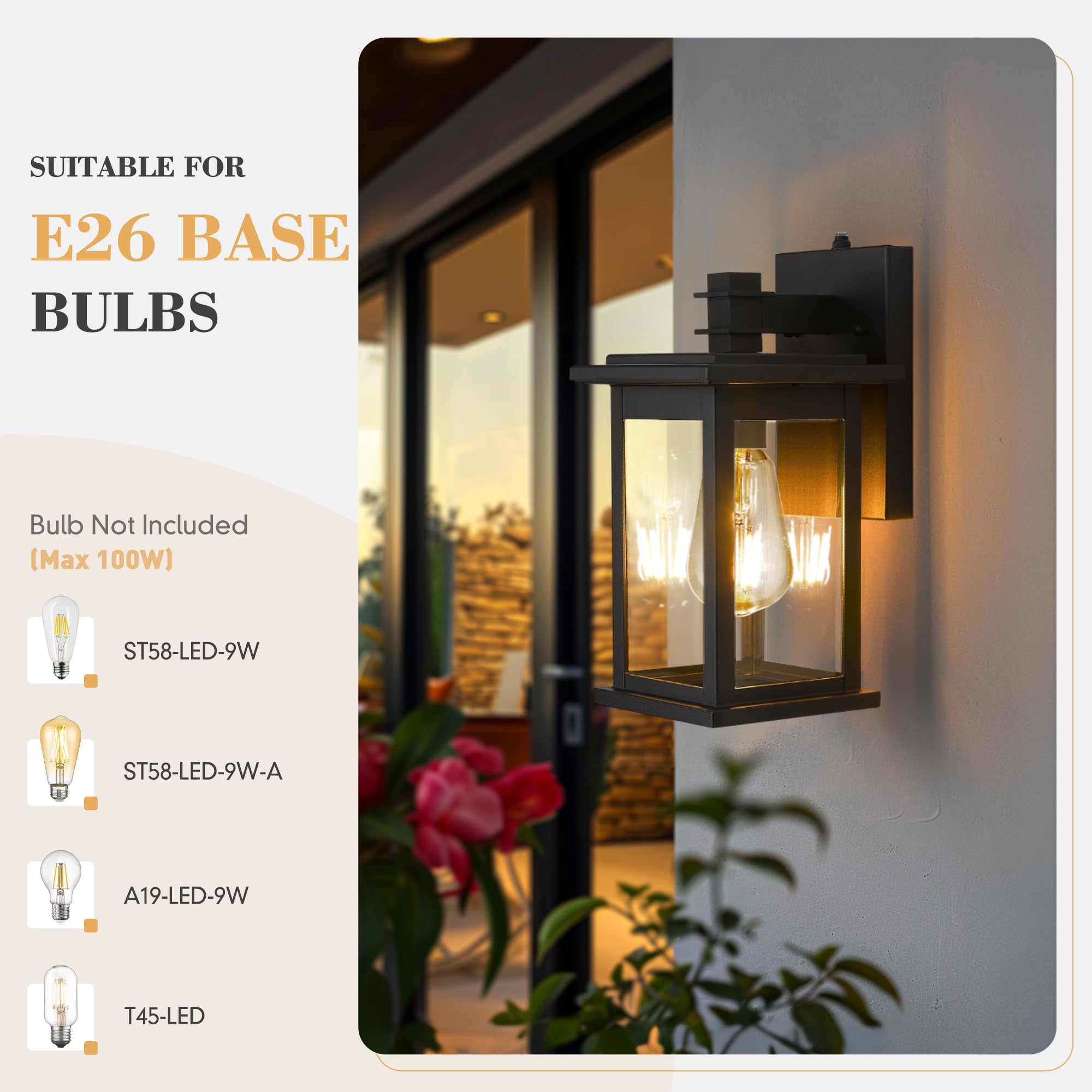 Emliviar Outdoor Porch Light with Photocell Sensor, Matte Black, Clear Glass, Aluminum, Medium Size, Model 1803EW1-PC-2PK BK
