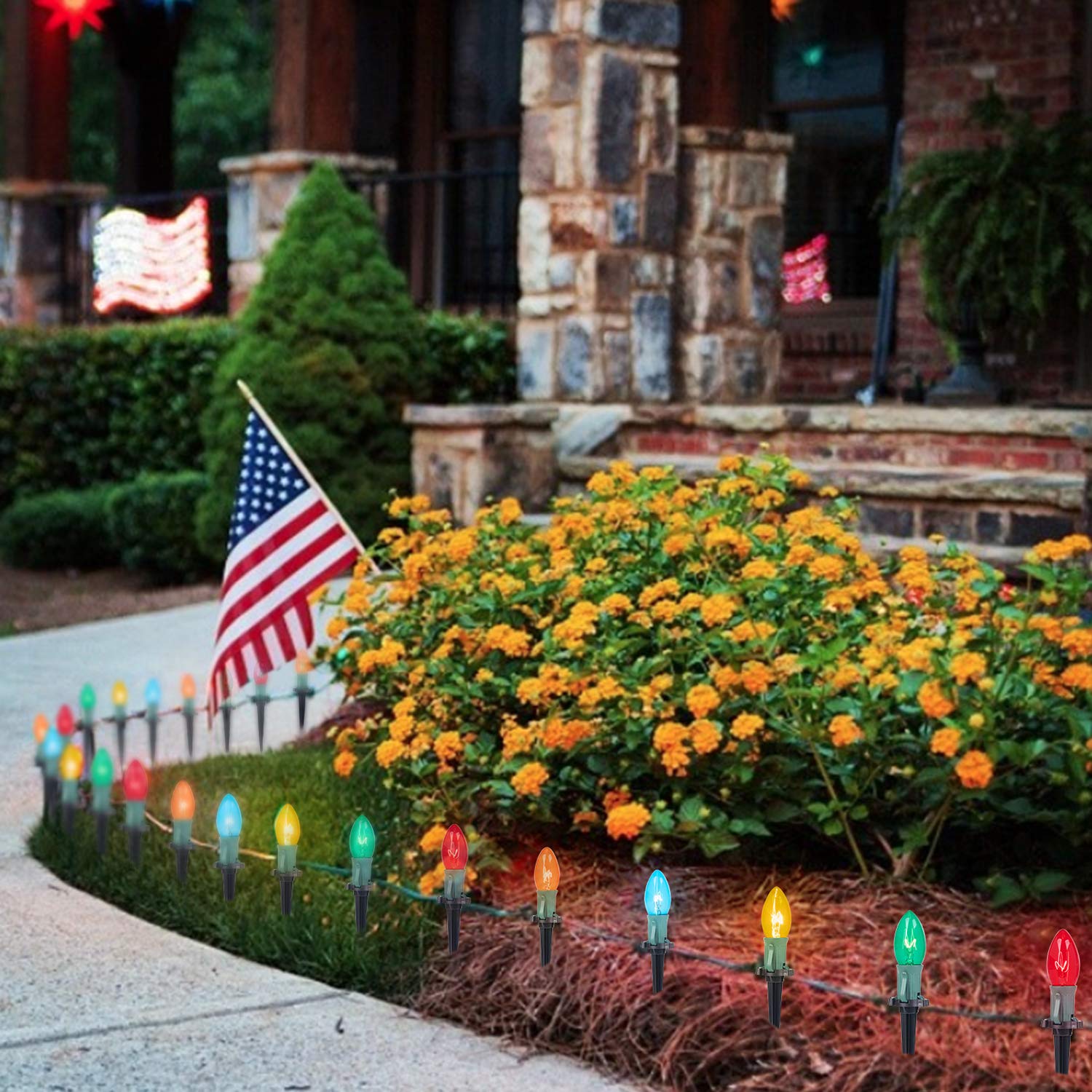 C9 Christmas Pathway String Lights, 2 Pack 25.7 Ft C9 20 Lights With 20 Multicolored Glass Bulbs And 20 Stakes Connectable Water