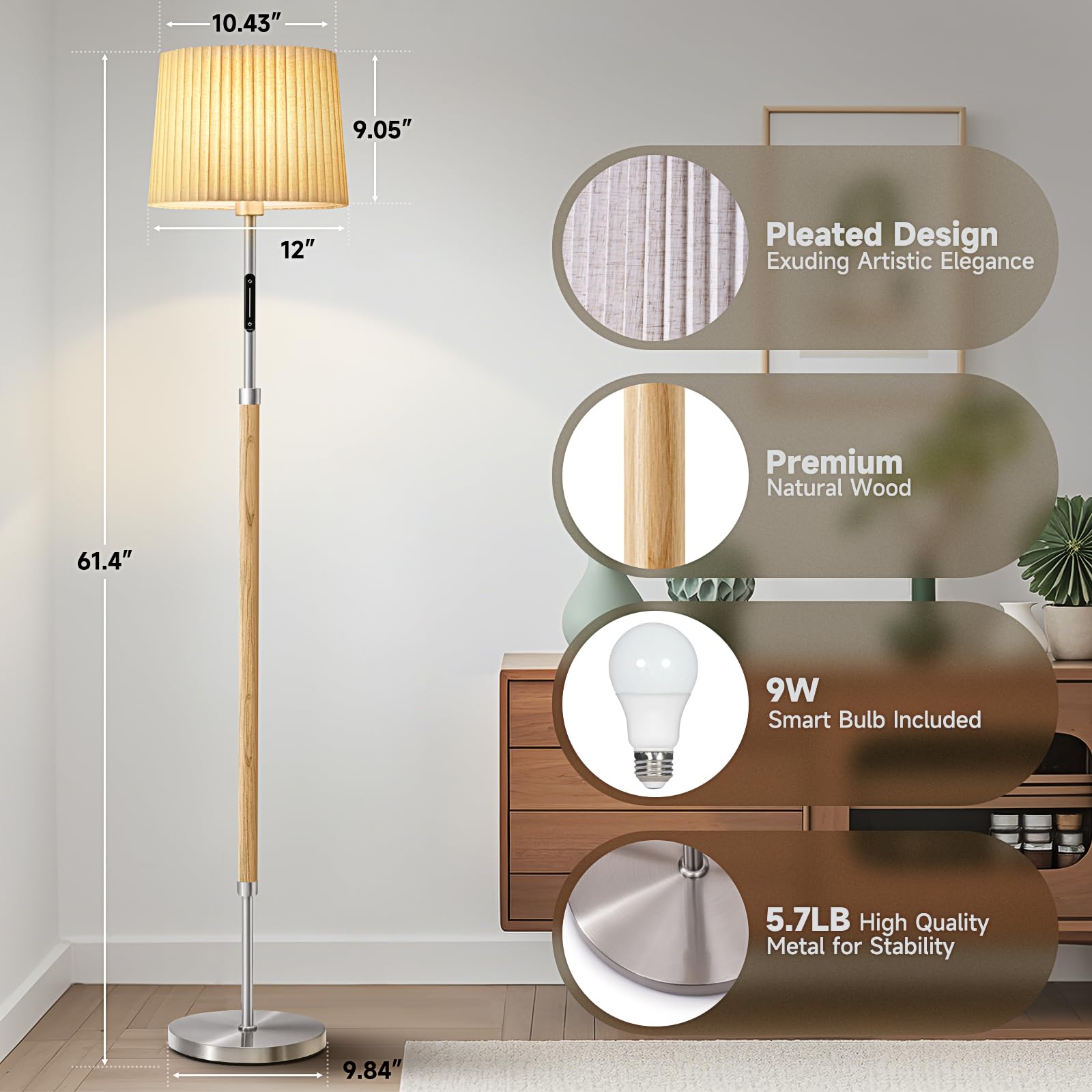 Jeagop 61in Wood Floor Lamp with Remote, Touch Control, Stepless Dimmable, Silver, Model WOFL-2PLS, Modern Farmhouse Design