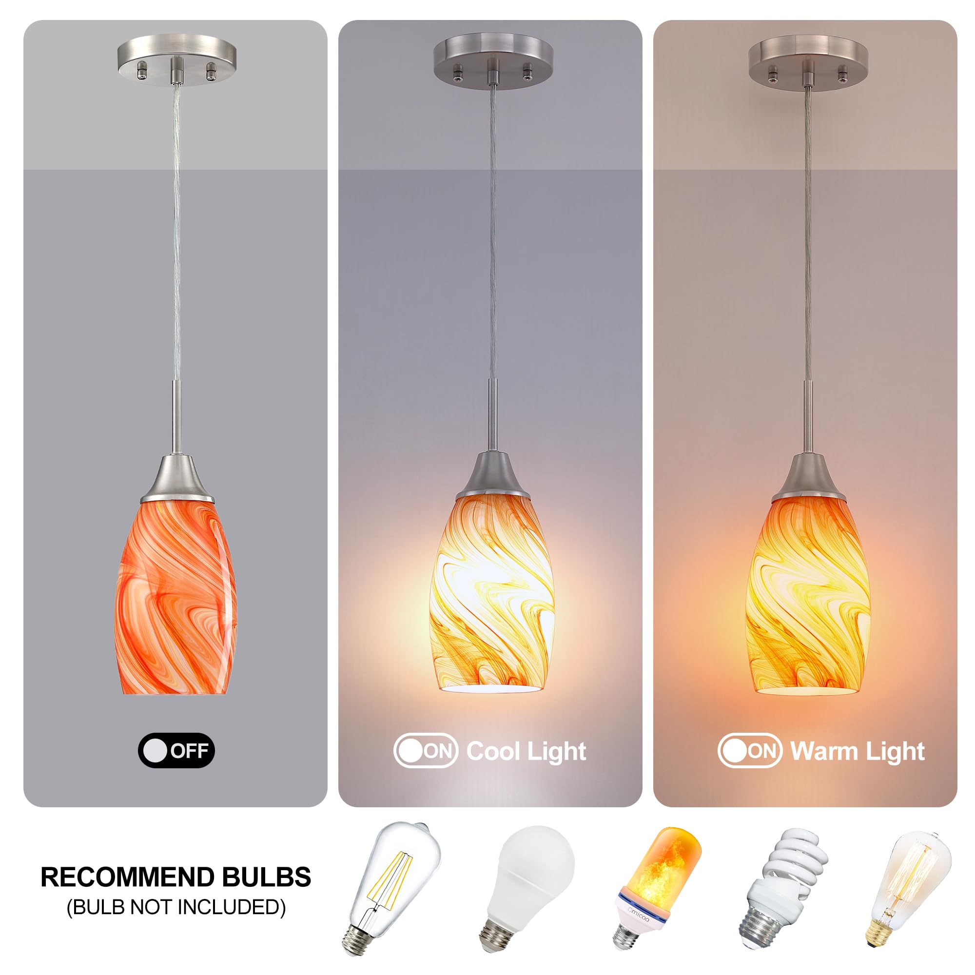 Viinew Mini Glass Pendant Light 3-Pack With Handblown Orange Marble Art Oval Glass Lamp Ceiling Hanging Light, For Dining Room,K