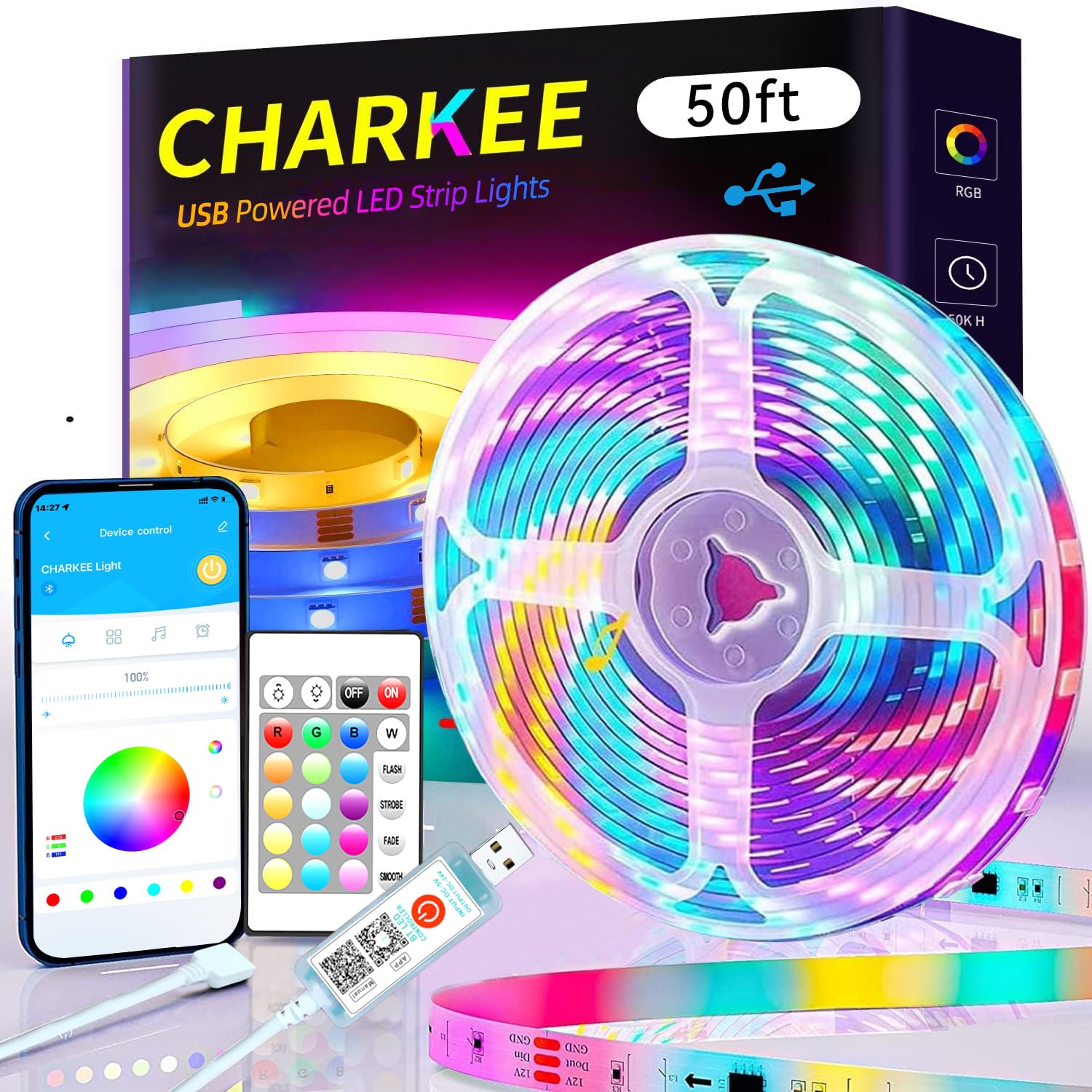 Charkee 5M Non-Waterproof Multicolor Led Strip Light, 300 Leds, 24 Keys Ir Remote, Plastic, 65.6 Ft, Model Acif0211524G