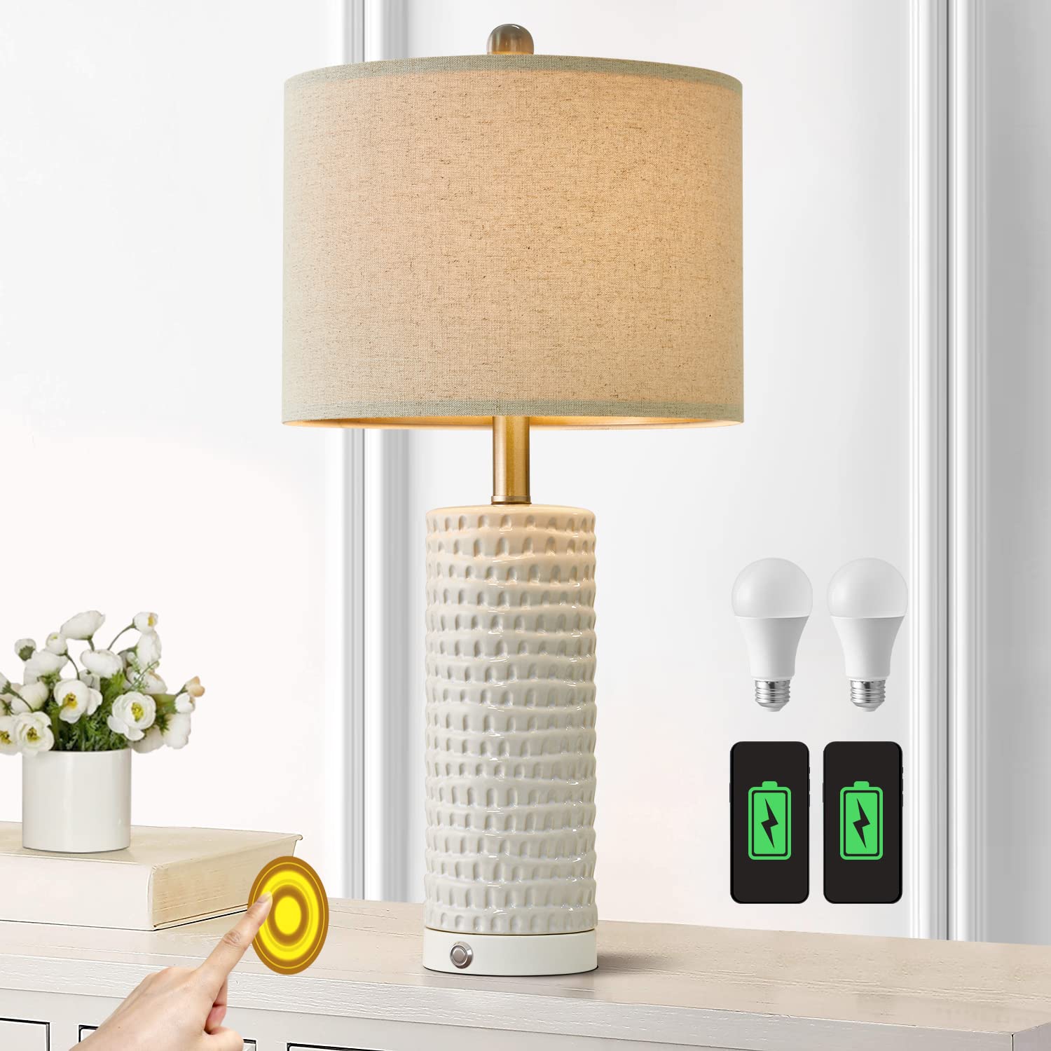 Portres 24’’ Farmhouse 3-Way Dimmable Touch Ceramic Table Lamp Set Of 2 For Bedroom White Bedside Lamps With 2 Usb Charging Ports For Living Room Nightstand Lamp End Table Lamps(2 Bulbs Included)