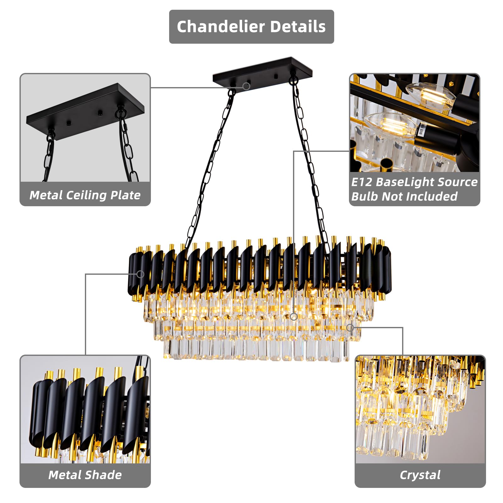 Aixialin 10-Light Crystal Chandelier Pendant Light Fixture, Black Oval, Model 600-100-1002, for Dining Room and Living Room