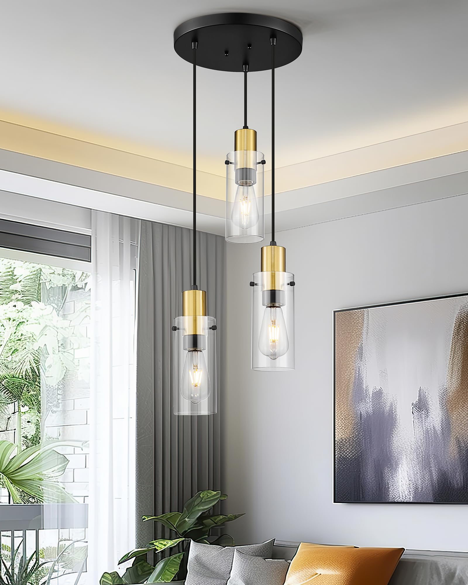 Emak 3-Light Cluster Pendant Light, Black & Gold Modern Fixture With Clear Glass Shade