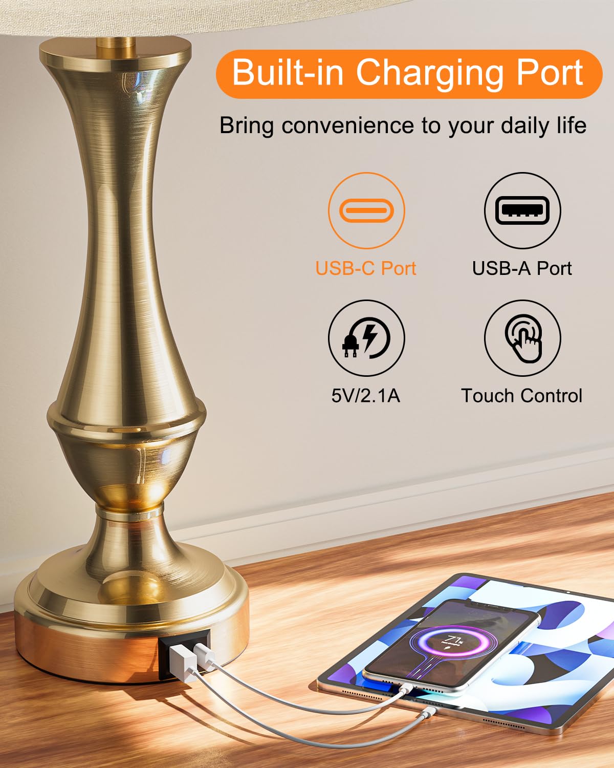 Seealle Touch Lamps Set of 2 - 3 Way Dimmable, USB C+A, Metal, Brown Shade & Gold Base, Model 040710