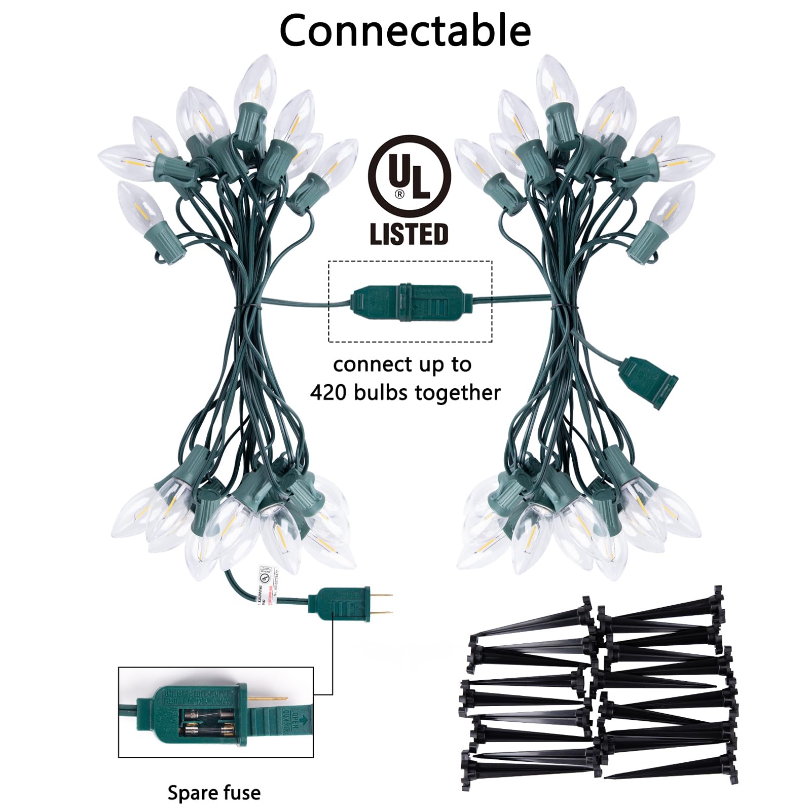 C9 Christmas Lights Outdoor, 4 Packs Total 103 Ft Christmas Pathway Lights With 80 Led Bulbs And Stakes, Connectable Outdoor Chr