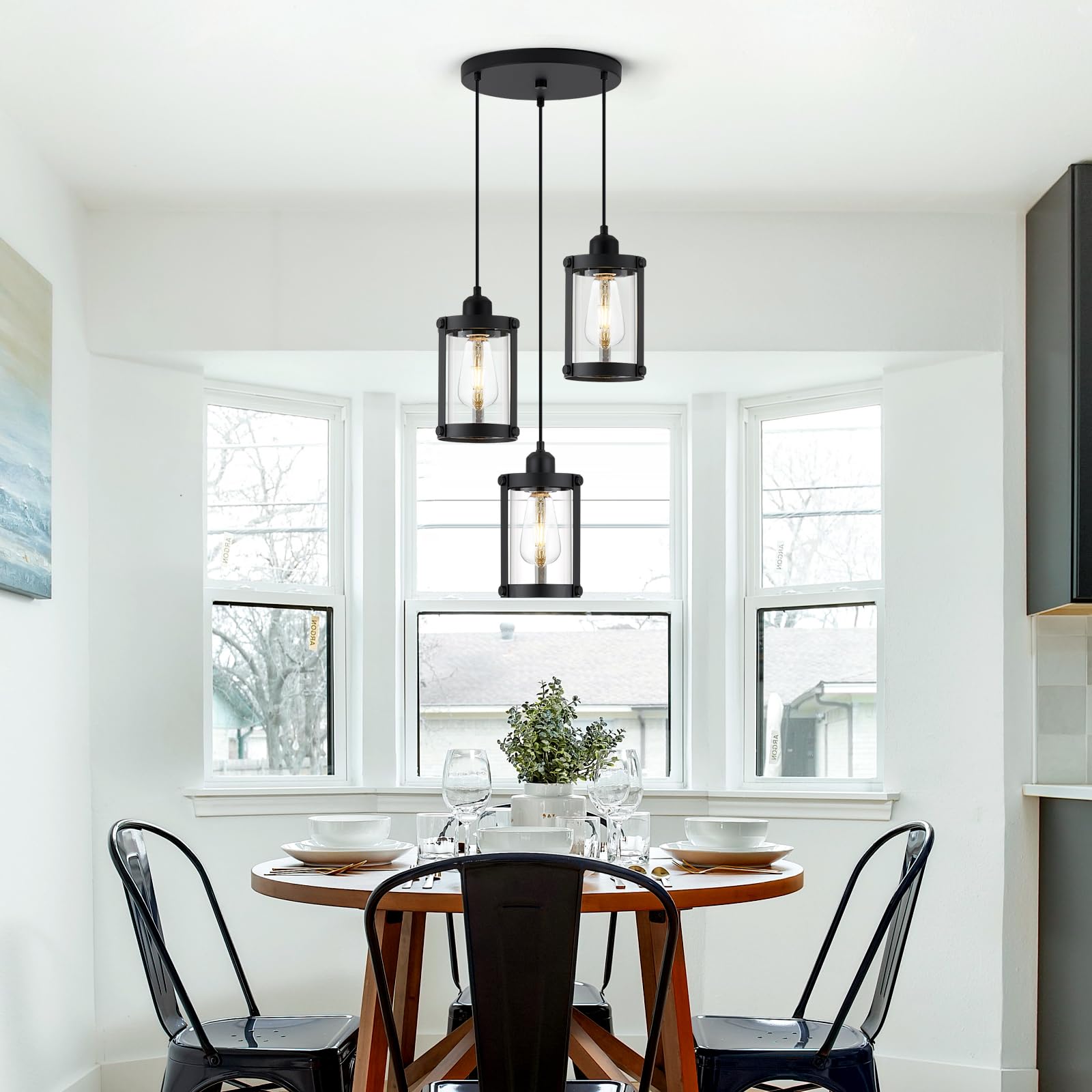 Osimir 3-Light Pendant Lighting, Black Dining Room Chandelier Light Fixture Over Table With Clear Glass, Modern Cluster Hanging