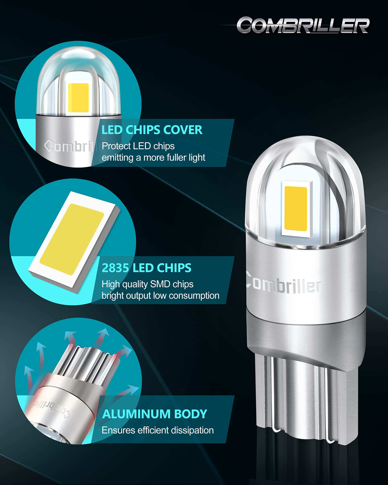 Combriller 194 LED Bulb T10 2825 w5w, 6000K White, Error Free, Pack of 2 for Car Interior Lights