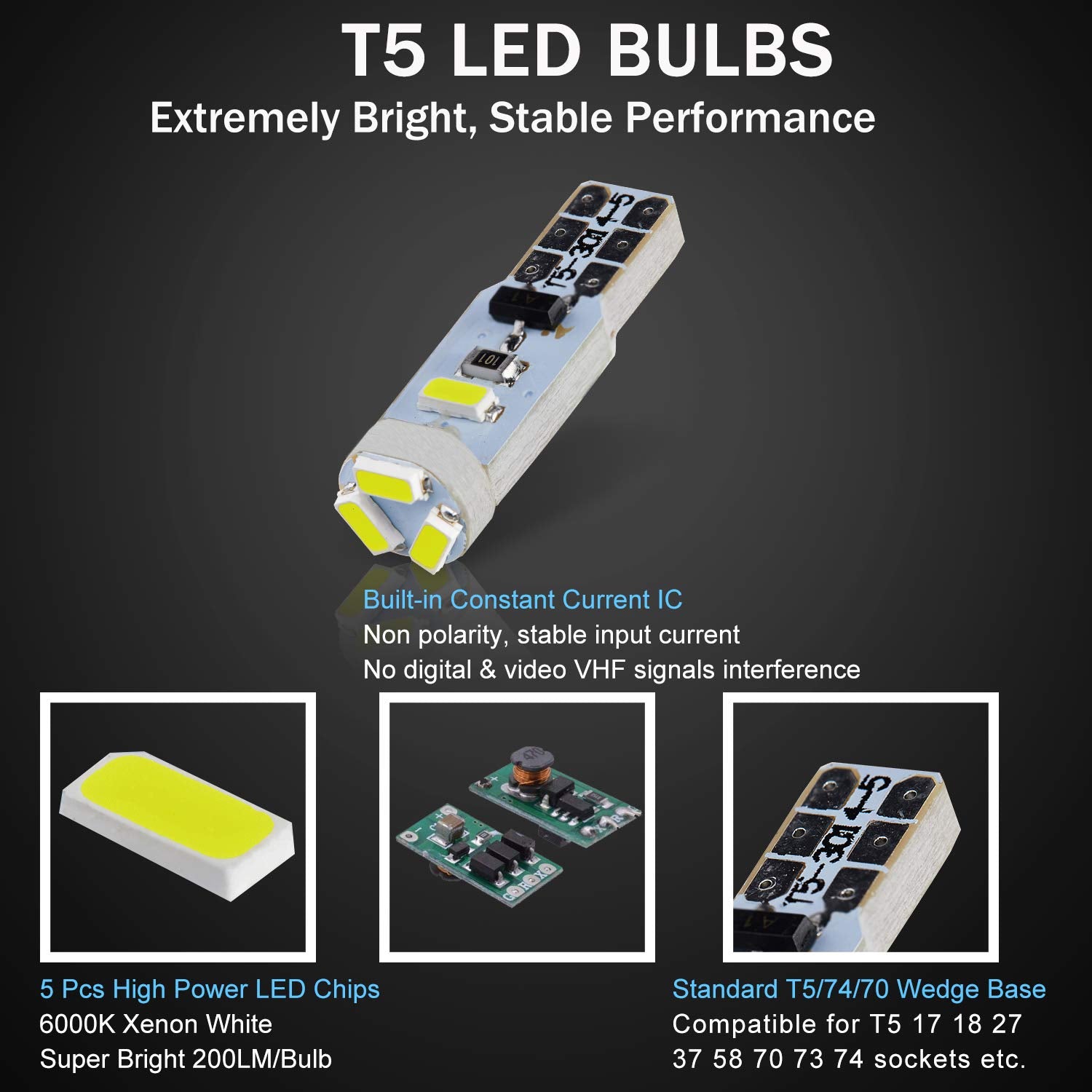 BRISHINE T5 LED Bulbs 10X Xenon White 3014 Chipsets for Car Interior Gauge Cluster, Dashboard, and AC Lights